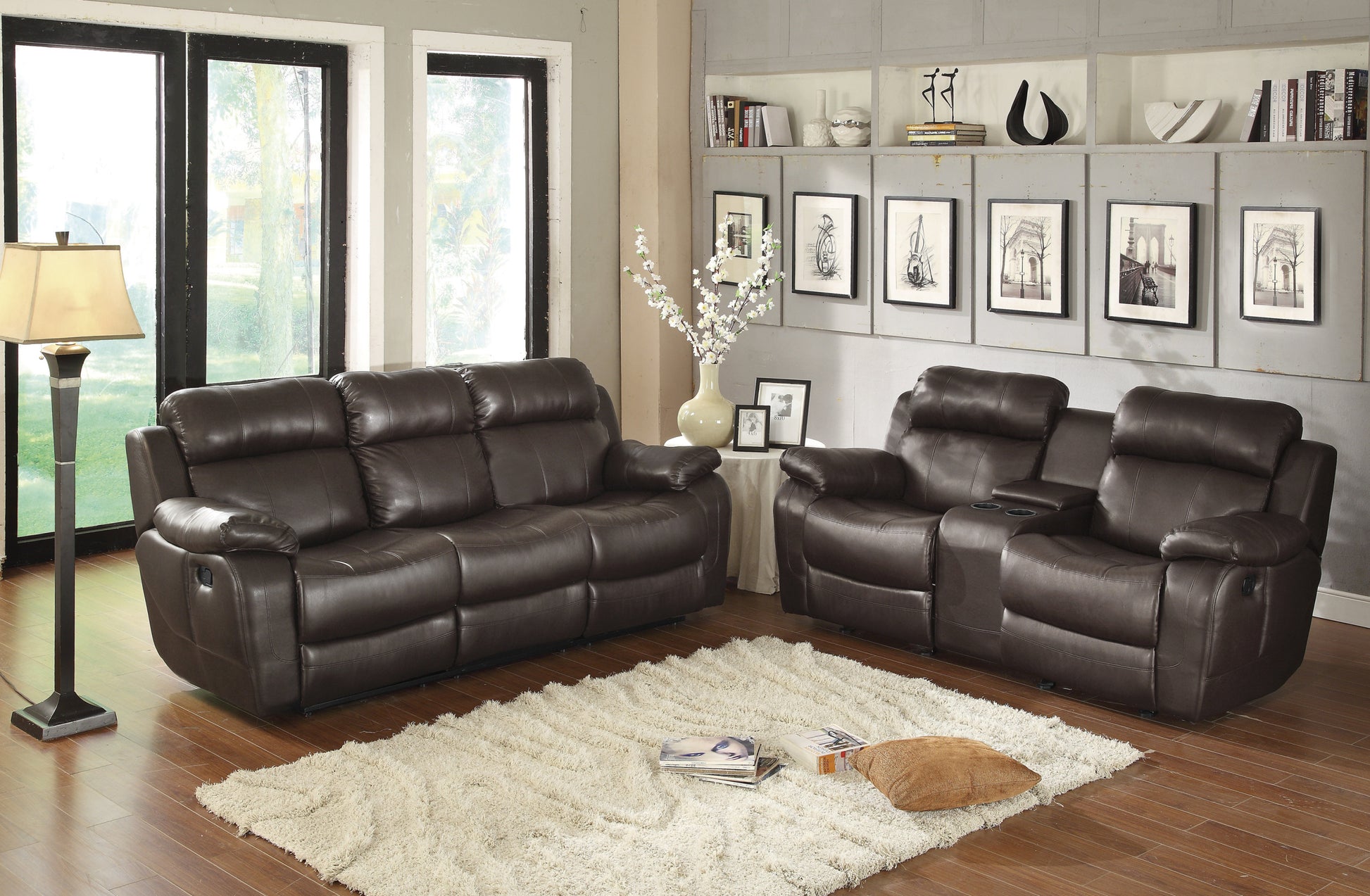 Double Glider Reclining Beautiful Seat With Center Console Brown Faux Leather Upholstered Contemporary Living Room Furniture Brown Primary Living Space Contemporary Solid Wood