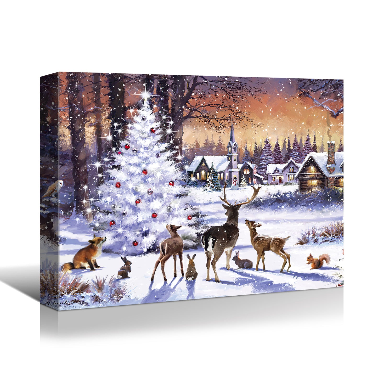 Framed Canvas Wall Art Decor Painting For Chrismas, Cute Animals With Chrismas Tree Gift Painting For Chrismas Gift, Decoration For Chrismas Eve Office Living Room, Bedroom Decor 2418In Thickness 1.5I Rectangle Framed Multicolor Christmas Oversized 41In