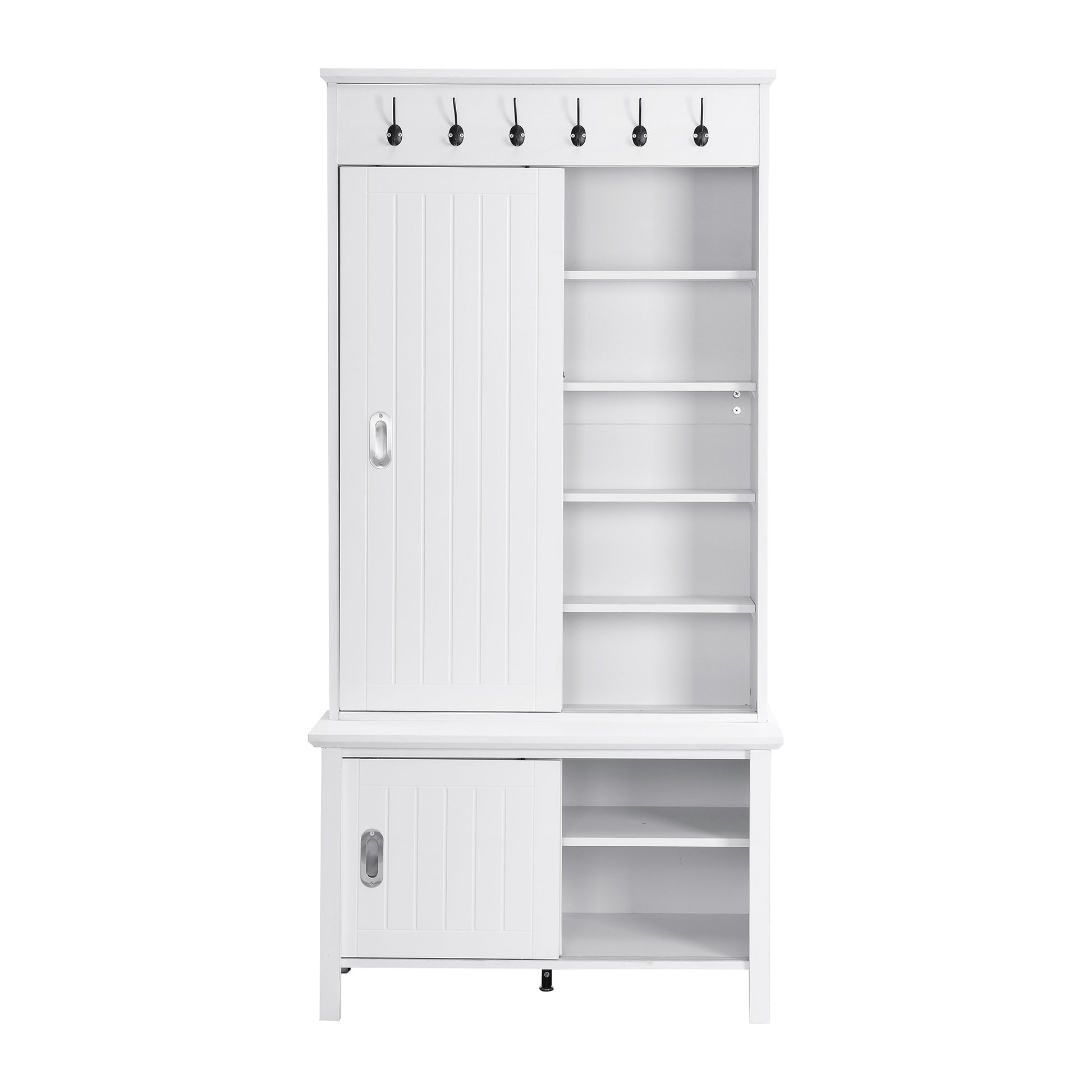 Multifunctional Hall Tree With Sliding Doors, Wooden Hallway Shoe Cabinet With Storage Bench And Shelves, Mudroom Coat Storage With Hanging Hooks For Entryways, White White Mdf