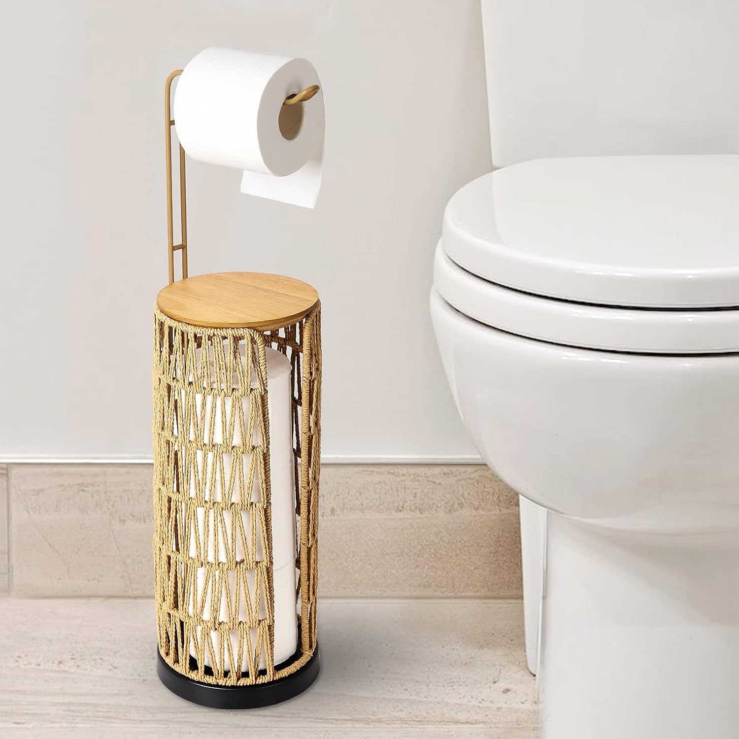 Freestanding Toilet Paper Holder With Storage Brown Bathroom Freestanding Rattan