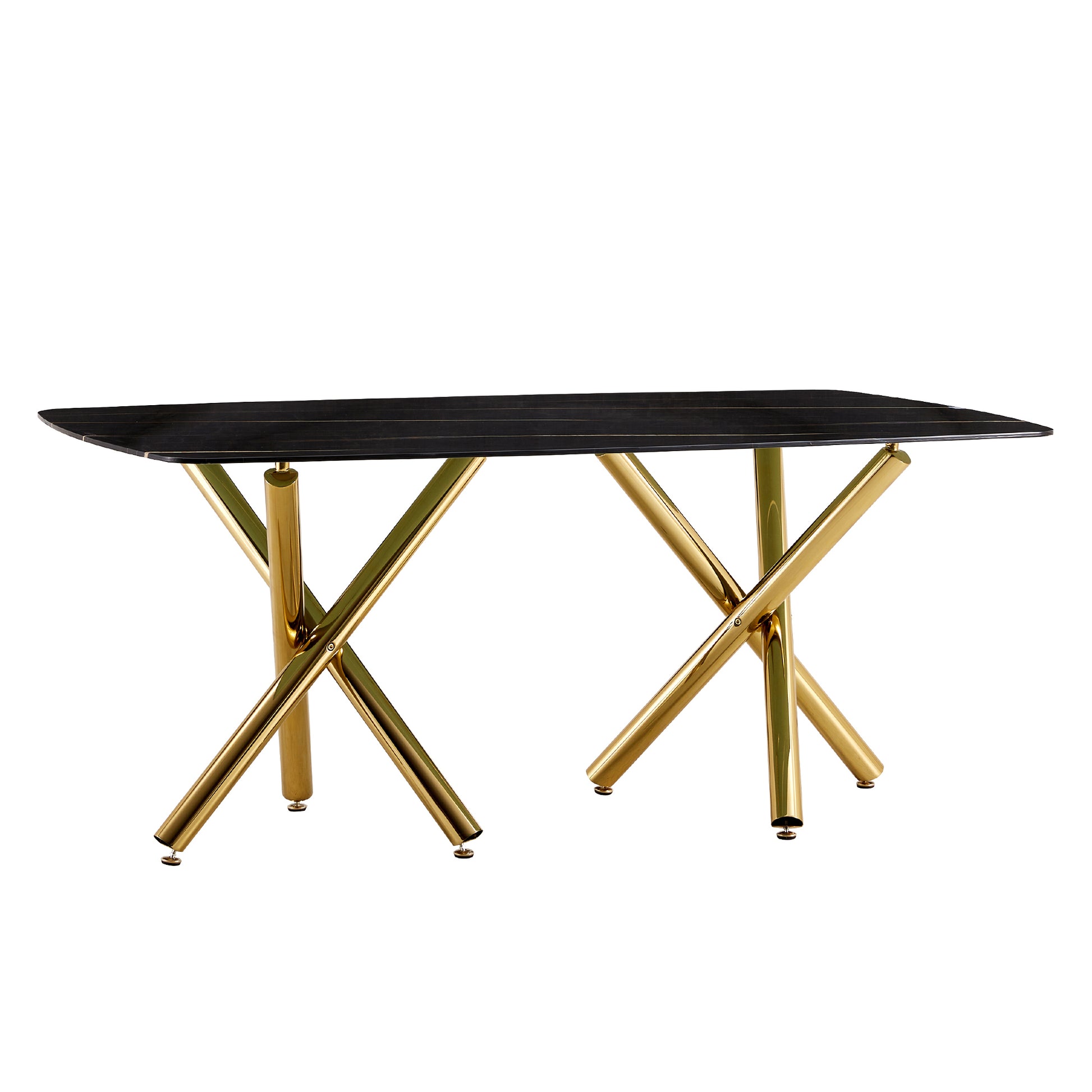 Large Modern Minimalist Rectangular Glass Dining Table 0.39" Fibertempering Glass Imitation Marble Black Desktop And Golden Metal Legs, For Kitchen Dining Living Meeting Room Banquet Hal Black Glass