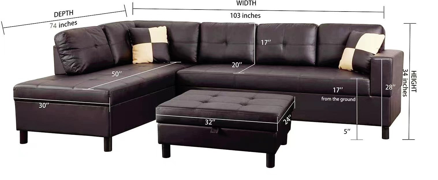 3 Pc Sectional Sofa Set, Brown Faux Leather Right Facing Chaise With Free Storage Ottoman Brown Leather