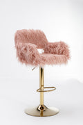 Hengming Bar Stool 2 Piece Set, Hollowed Out Braces Handrail, Height Adjustable, Suitable For Living Room, Study, Bar, Cafe Pink Faux Fur