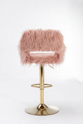 Hengming Bar Stool 2 Piece Set, Hollowed Out Braces Handrail, Height Adjustable, Suitable For Living Room, Study, Bar, Cafe Pink Faux Fur
