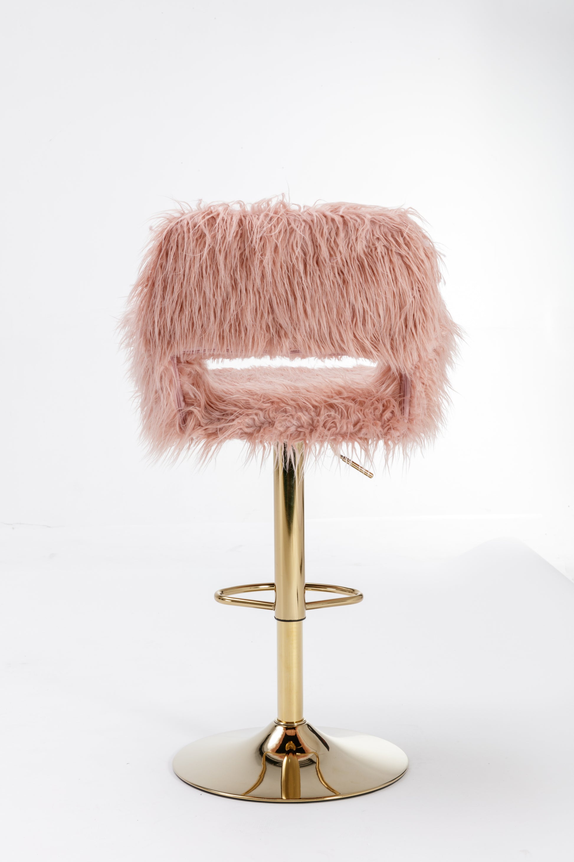Hengming Bar Stool 2 Piece Set, Hollowed Out Braces Handrail, Height Adjustable, Suitable For Living Room, Study, Bar, Cafe Pink Faux Fur