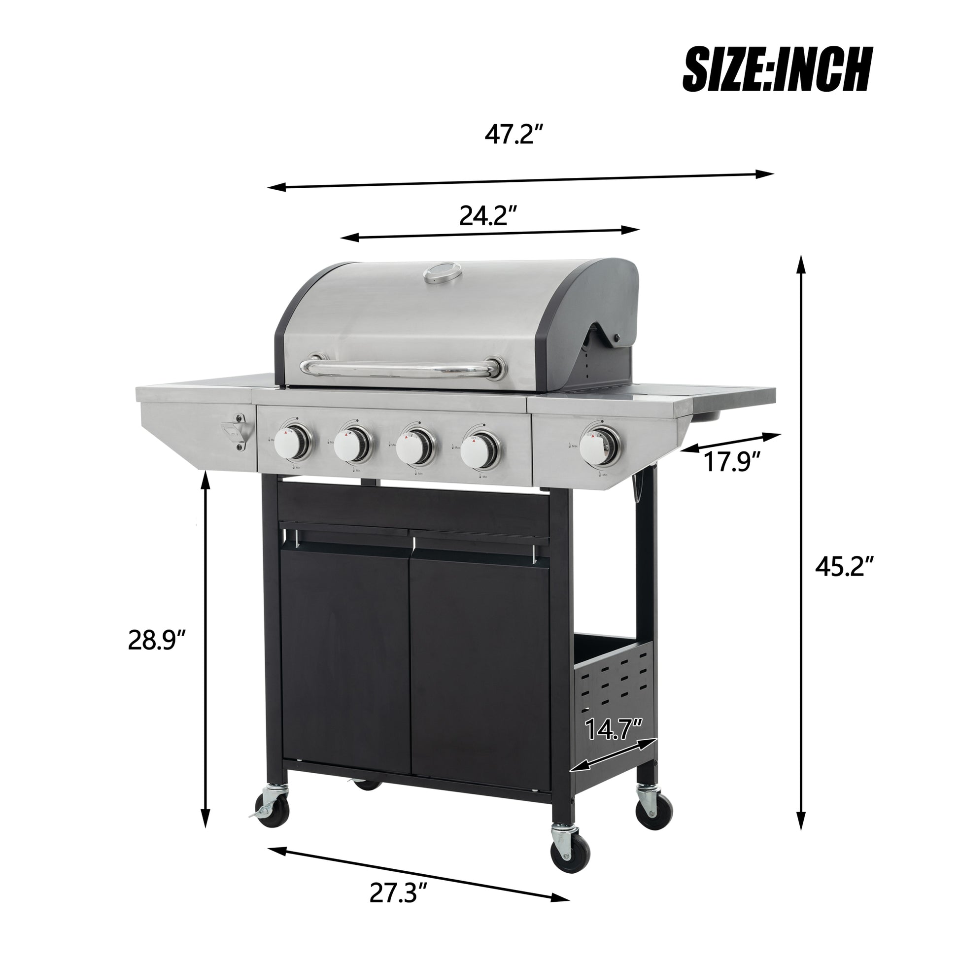 Propane Grill 4 Burner Barbecue Grill Stainless Steel Gas Grill With Side Burner, 46,500 Btu Outdoor Cooking, Patio, Garden Barbecue Grill, Black And Silver Silver Stainless Steel