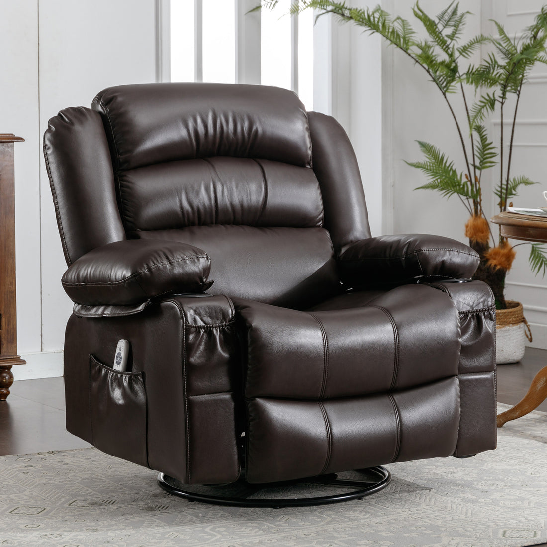 Massage Swivel Rocker Recliner Chair With Vibration Massage And Heat Ergonomic Lounge Chair For Living Room With Rocking Function And Side Pocket2 Cup Holders Usb Charge Port ,Brown Brown Primary Living Space Soft Heavy Duty Cotton Pu Leather