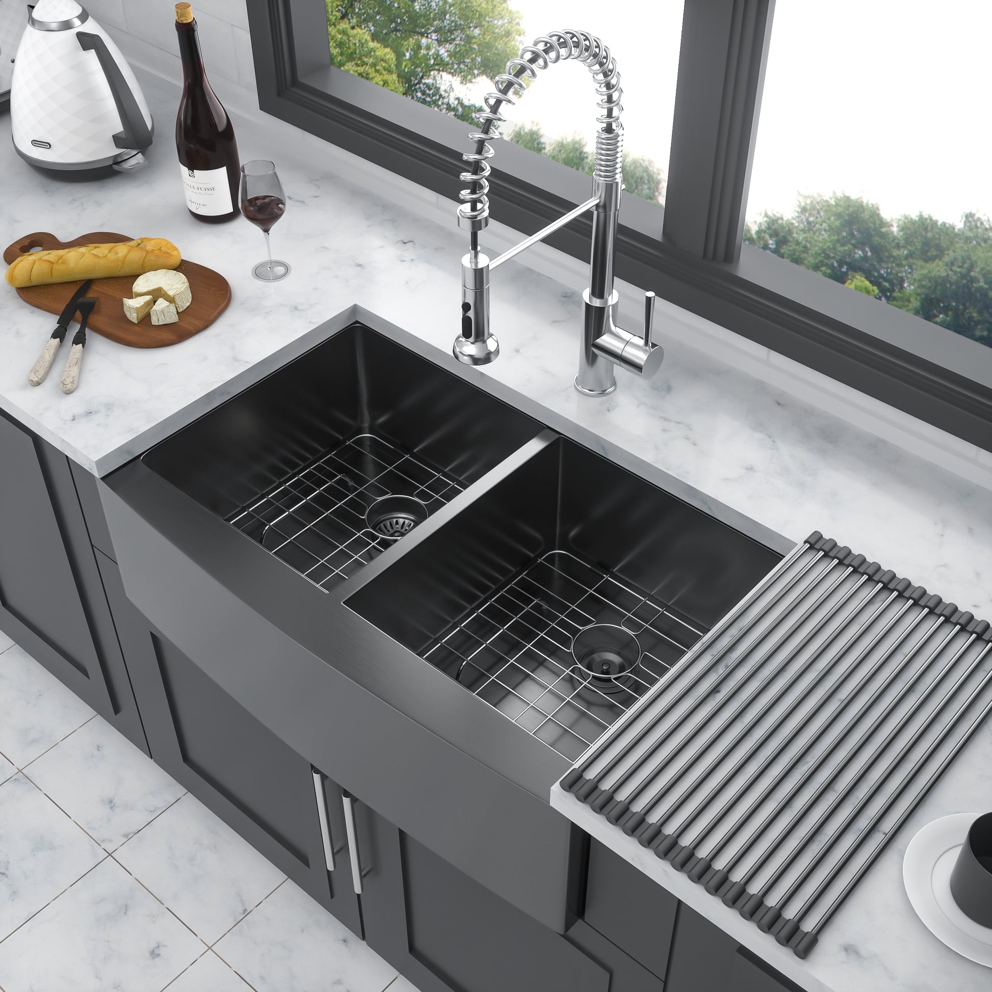 Gunmetal Black Double Bowl 50 50 Farmhouse Sink 36"X21"X10"Stainless Steel Apron Front Kitchen Sink 16 Gauge With Two 10" Deep Basin Gunmetal Black Stainless Steel