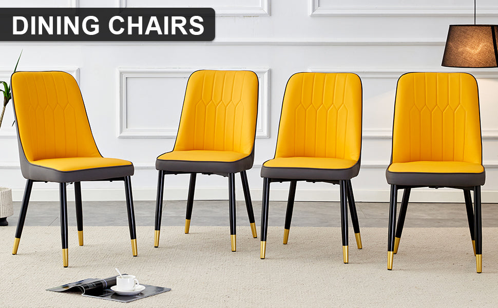 Table And Chair Set, 1 Table, 4 Pu Chairs. White Imitation Marble Pattern Desktop. Black Mdf Table Legs. Chair With Orange Deep Gray Dual Tone Pu Leather Backrest And Black Metal Legs F Sq C 007 White Mdf Glass