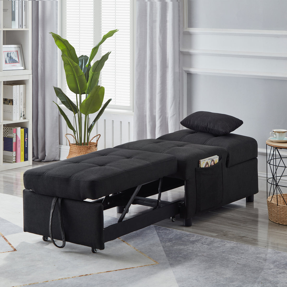 Living Room Bed Room Furniture With Black Linen Fabric Recliner Chair Bed Black Foam Fabric