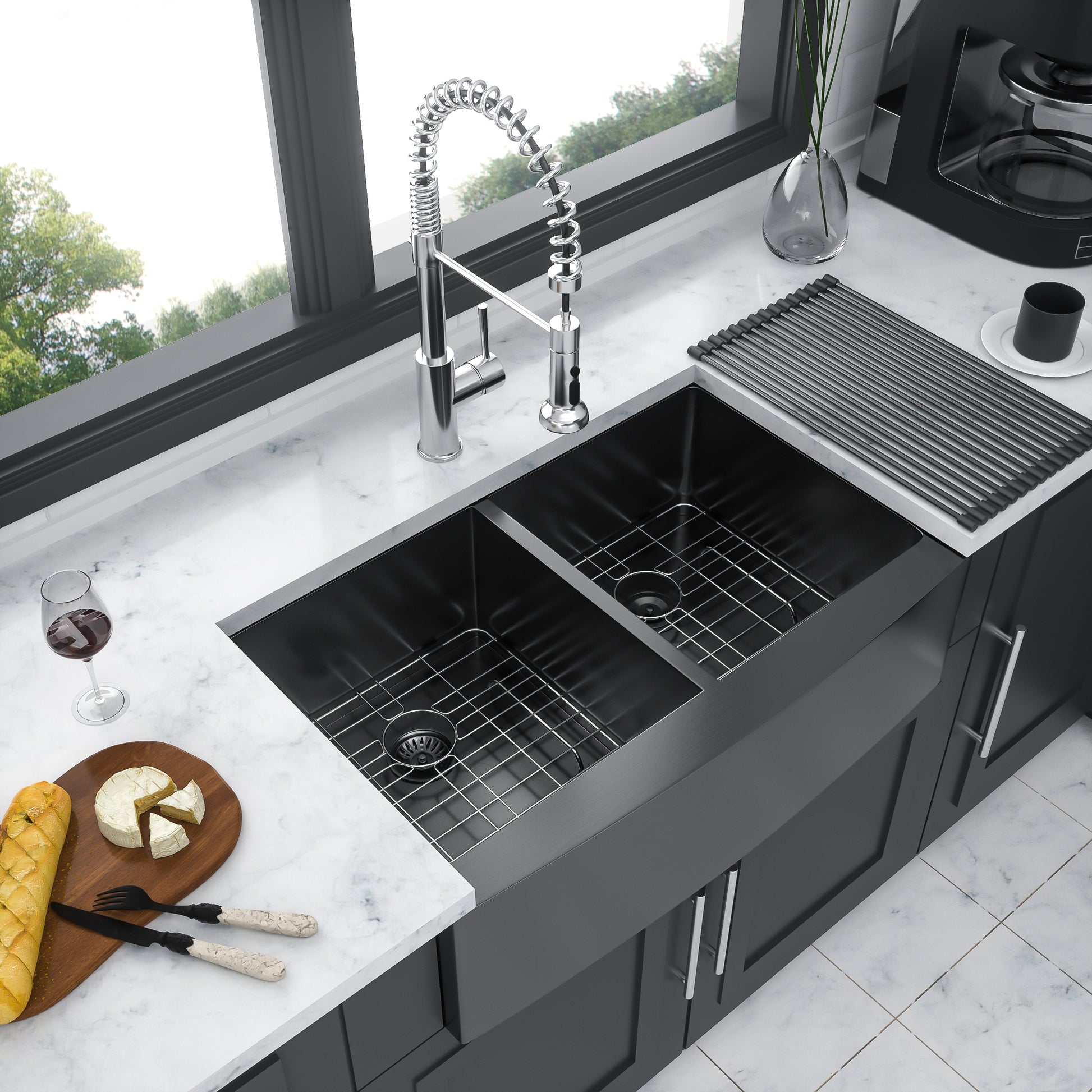 Gunmetal Black Double Bowl 50 50 Farmhouse Sink 33"X21"X10"Stainless Steel Apron Front Kitchen Sink 16 Gauge With Two 10" Deep Basin Gunmetal Black Stainless Steel