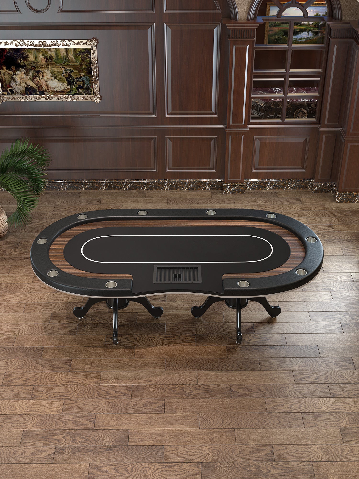 96" Premium Oval Speed Cloth Texas Hold'Em Casino Game Poker Table With Chip Tray Black Wood