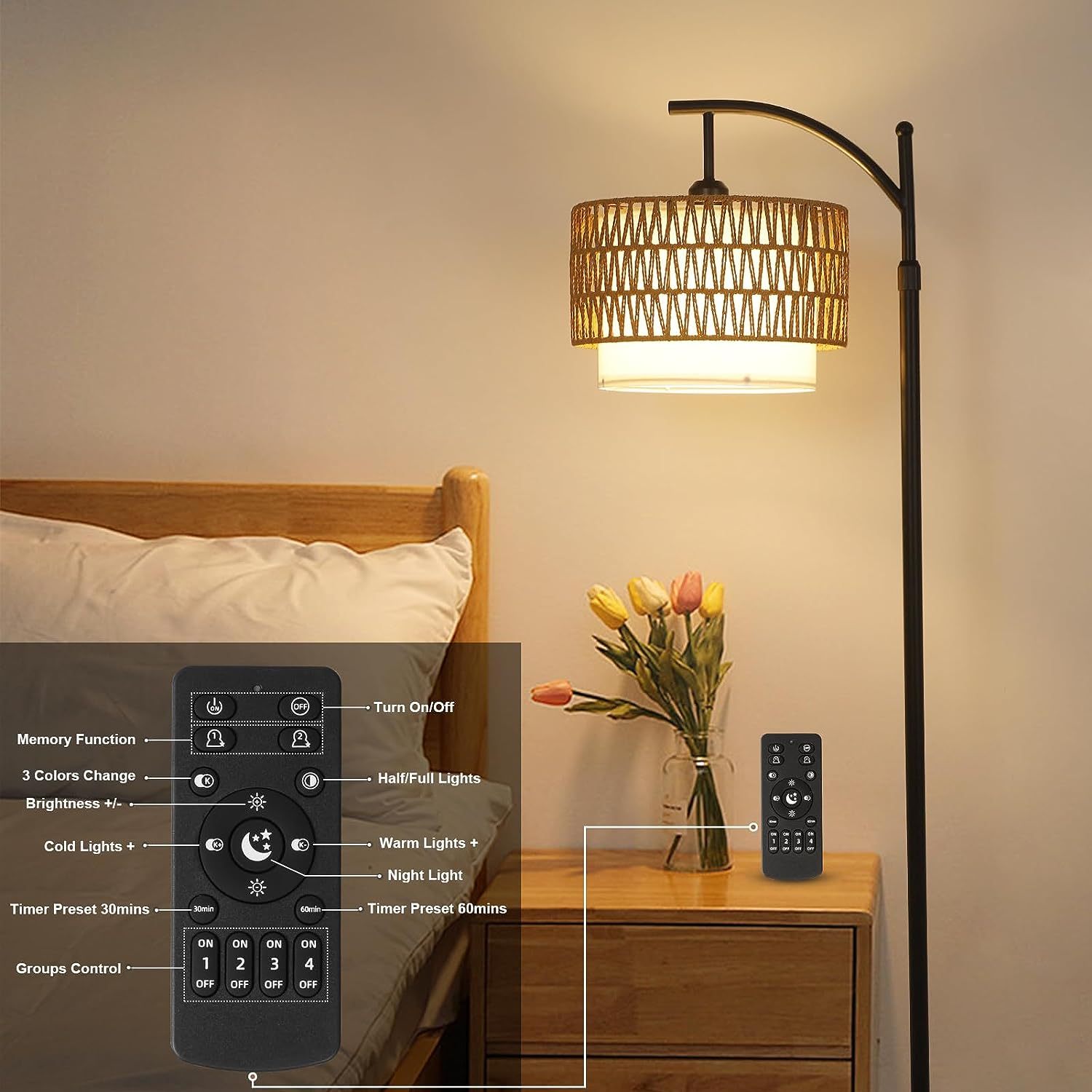 Arc Floor Lamp For Living Room With 3 Color Temperatures Brown Table&Floor Lamps Rattan