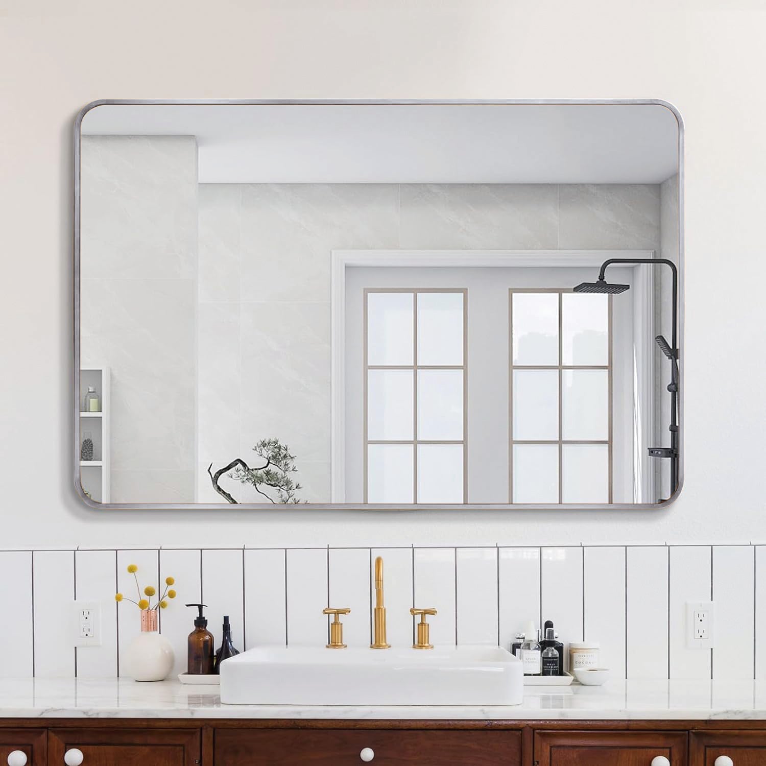 Silver 30 "X40" Rectangular Bathroom Wall Mirror Black Classic,Modern Mdf Glass Aluminium