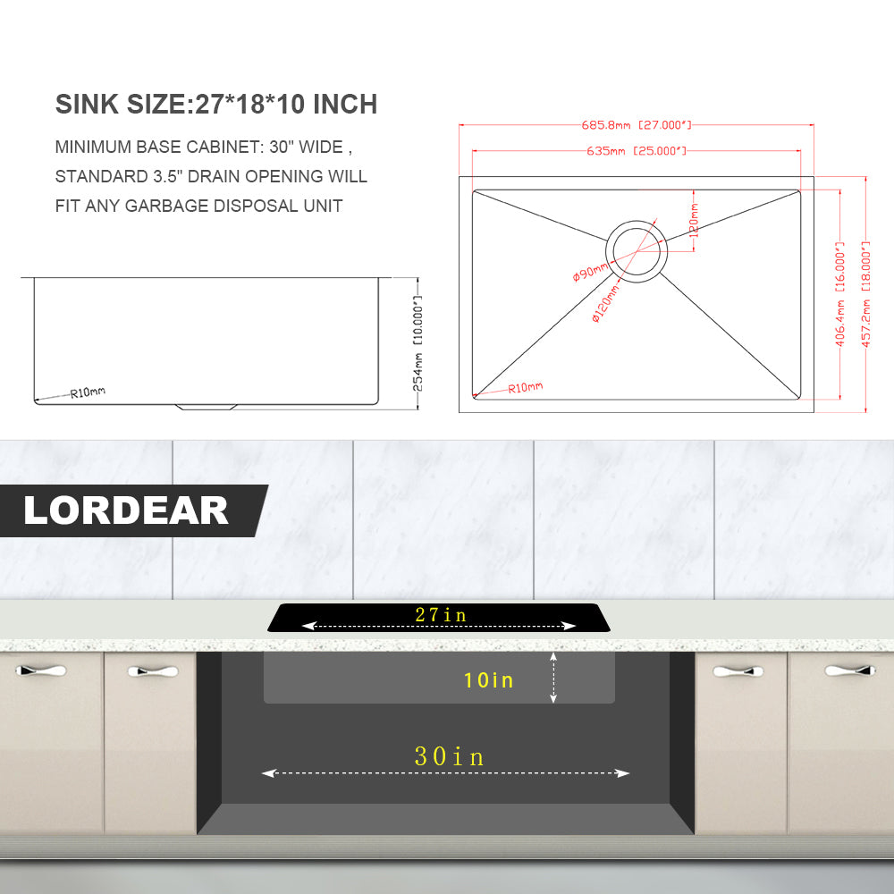 27 Inch Undermount Sink 27"X18"X10" Undermount Stainless Steel Kitchen Sink 16 Gauge 10 Inch Deep Single Bowl Kitchen Sink Basin Brushed Nickel Stainless Steel