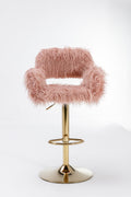 Hengming Bar Stool 2 Piece Set, Hollowed Out Braces Handrail, Height Adjustable, Suitable For Living Room, Study, Bar, Cafe Pink Faux Fur