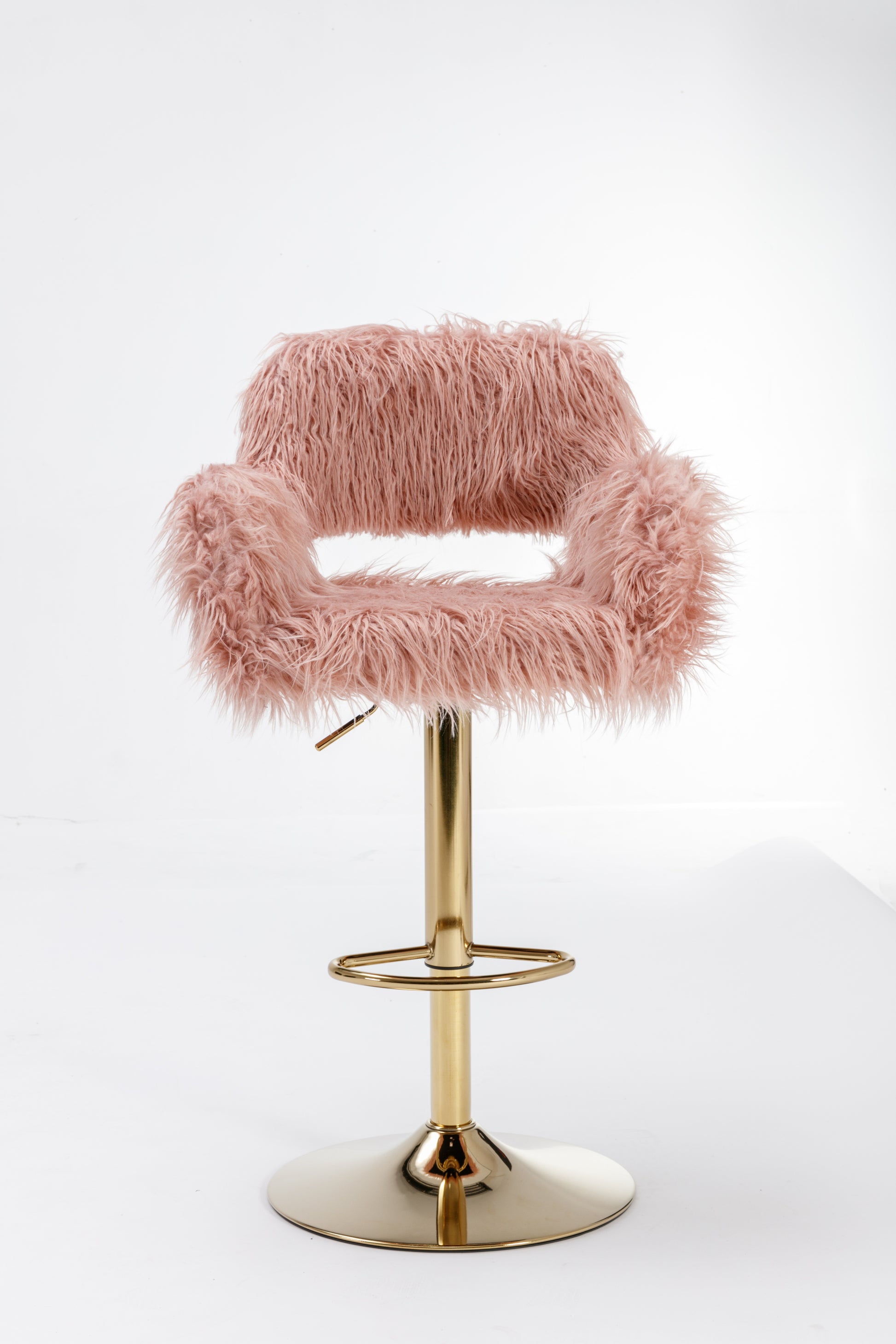 Hengming Bar Stool 2 Piece Set, Hollowed Out Braces Handrail, Height Adjustable, Suitable For Living Room, Study, Bar, Cafe Pink Faux Fur