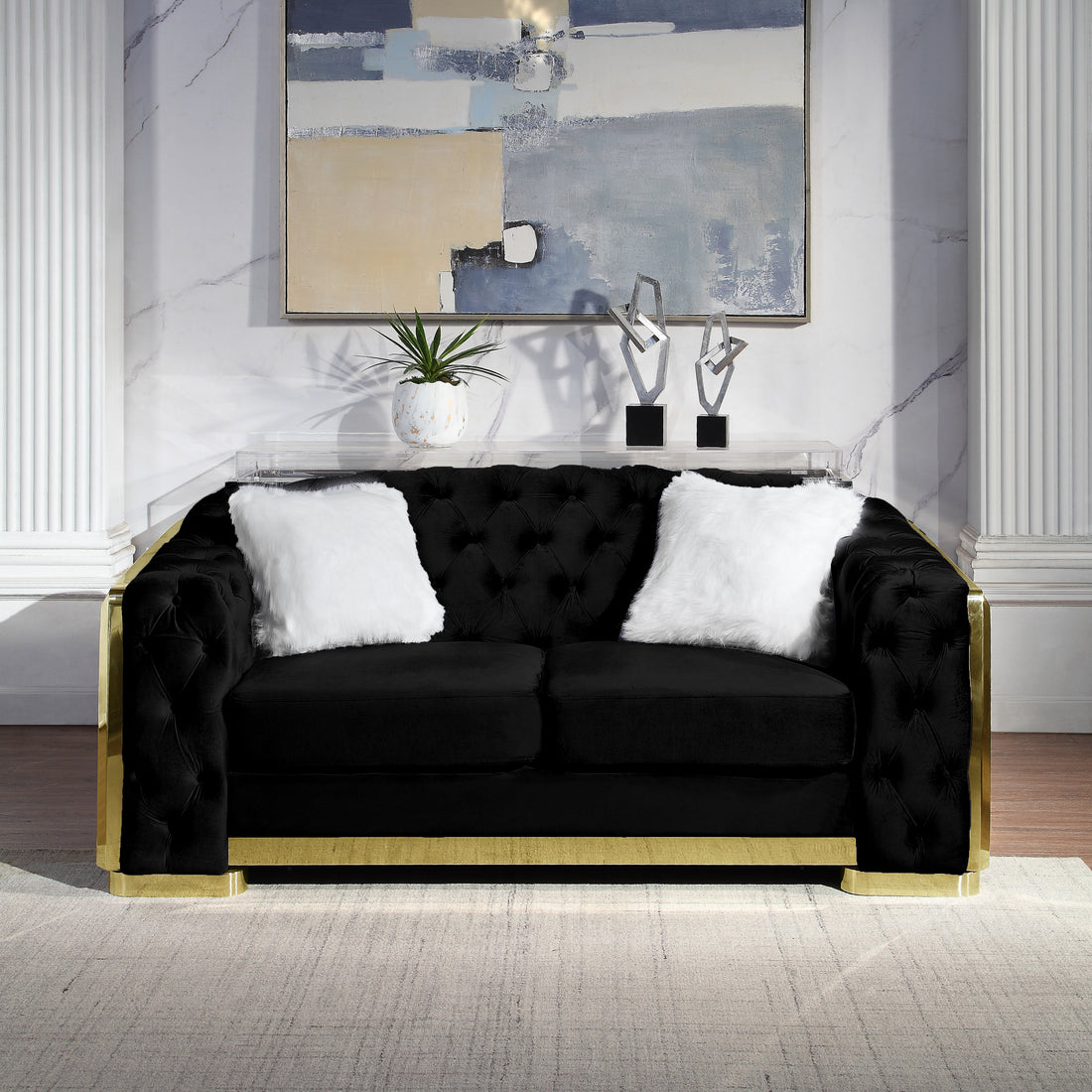 Velvet Stainless Steel Frame Surround Upholstered Loveseat Black Velvet