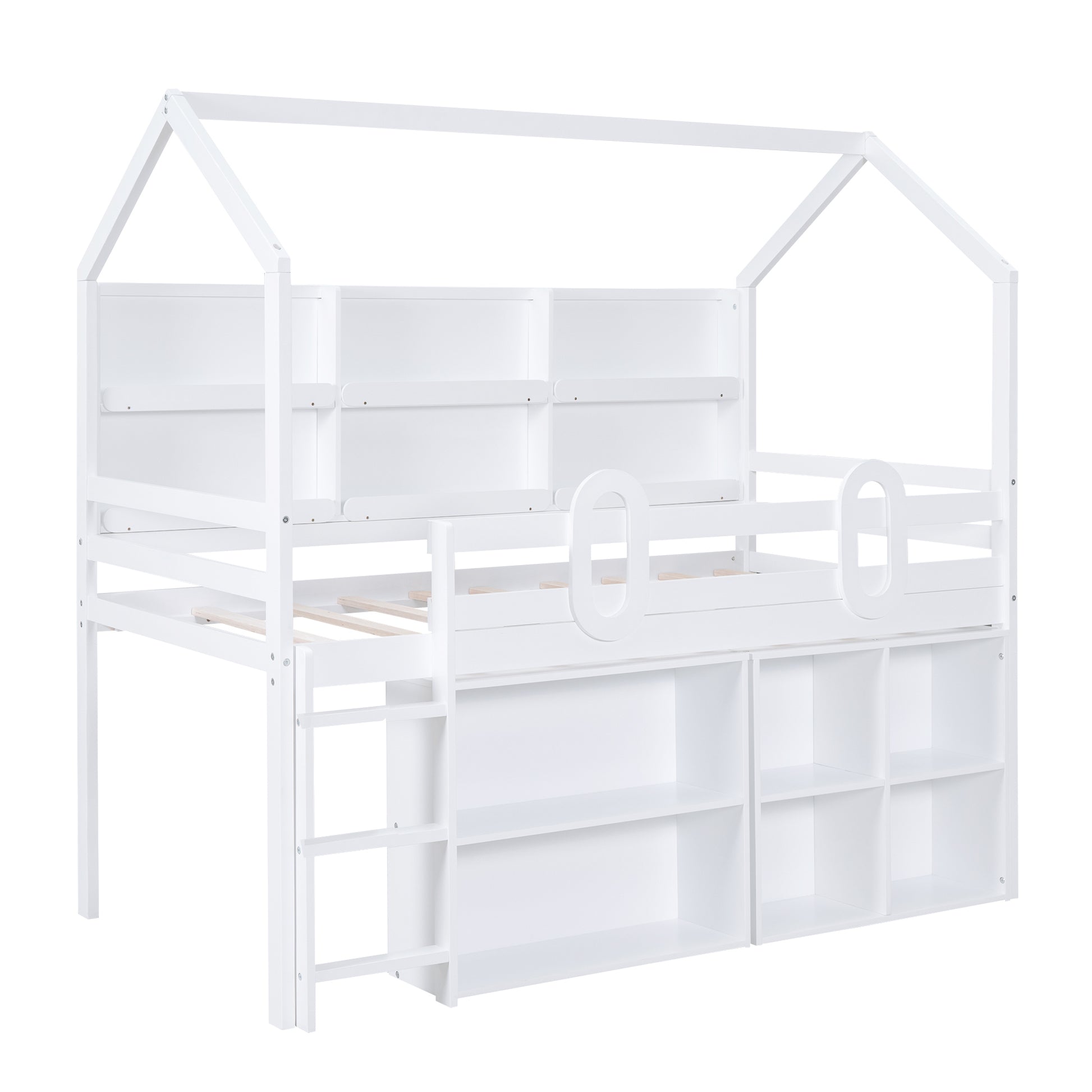 Twin Size House Loft Bed With Multiple Storage Shelves, White Box Spring Not Required White Wood Solid Wood Mdf