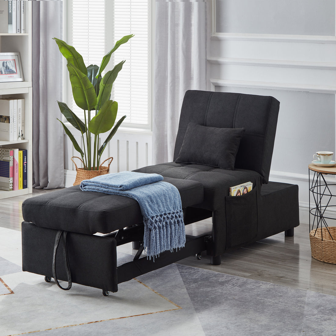 Living Room Bed Room Furniture With Black Linen Fabric Recliner Chair Bed Black Foam Fabric