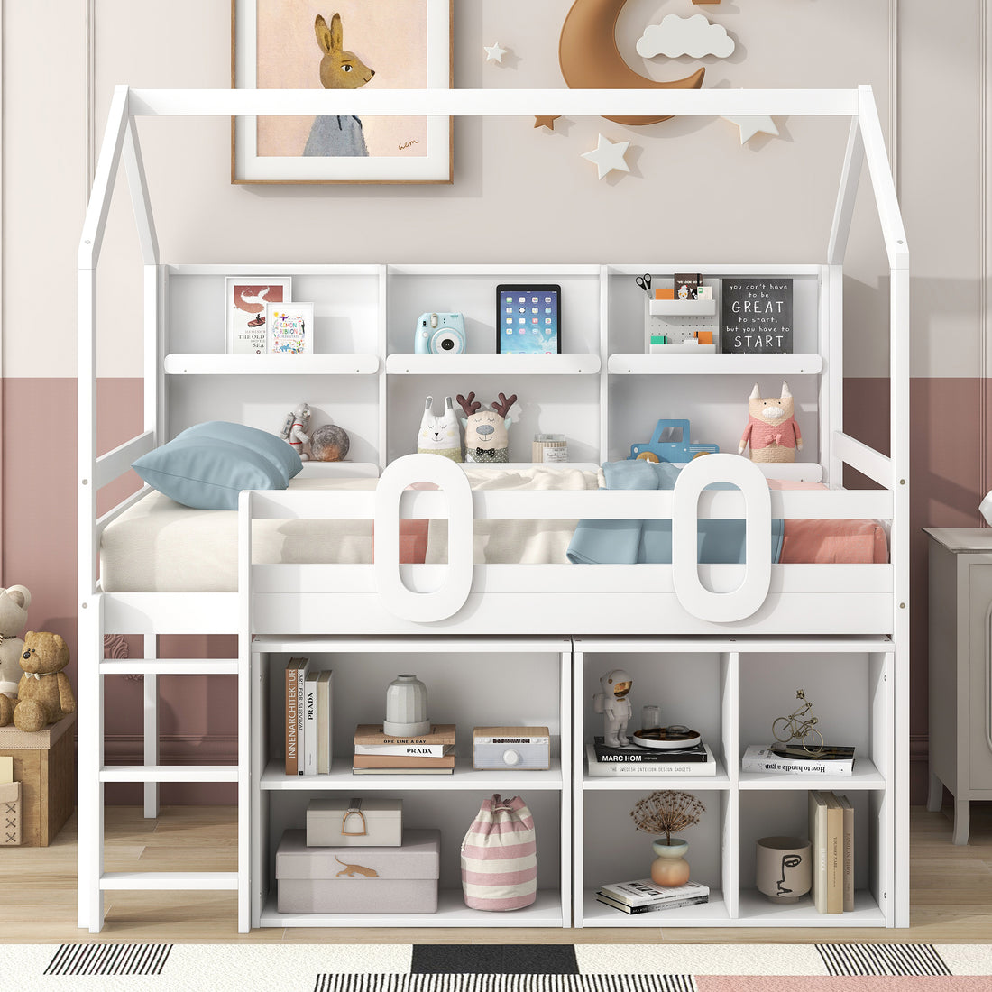 Twin Size House Loft Bed With Multiple Storage Shelves, White Box Spring Not Required White Wood Solid Wood Mdf