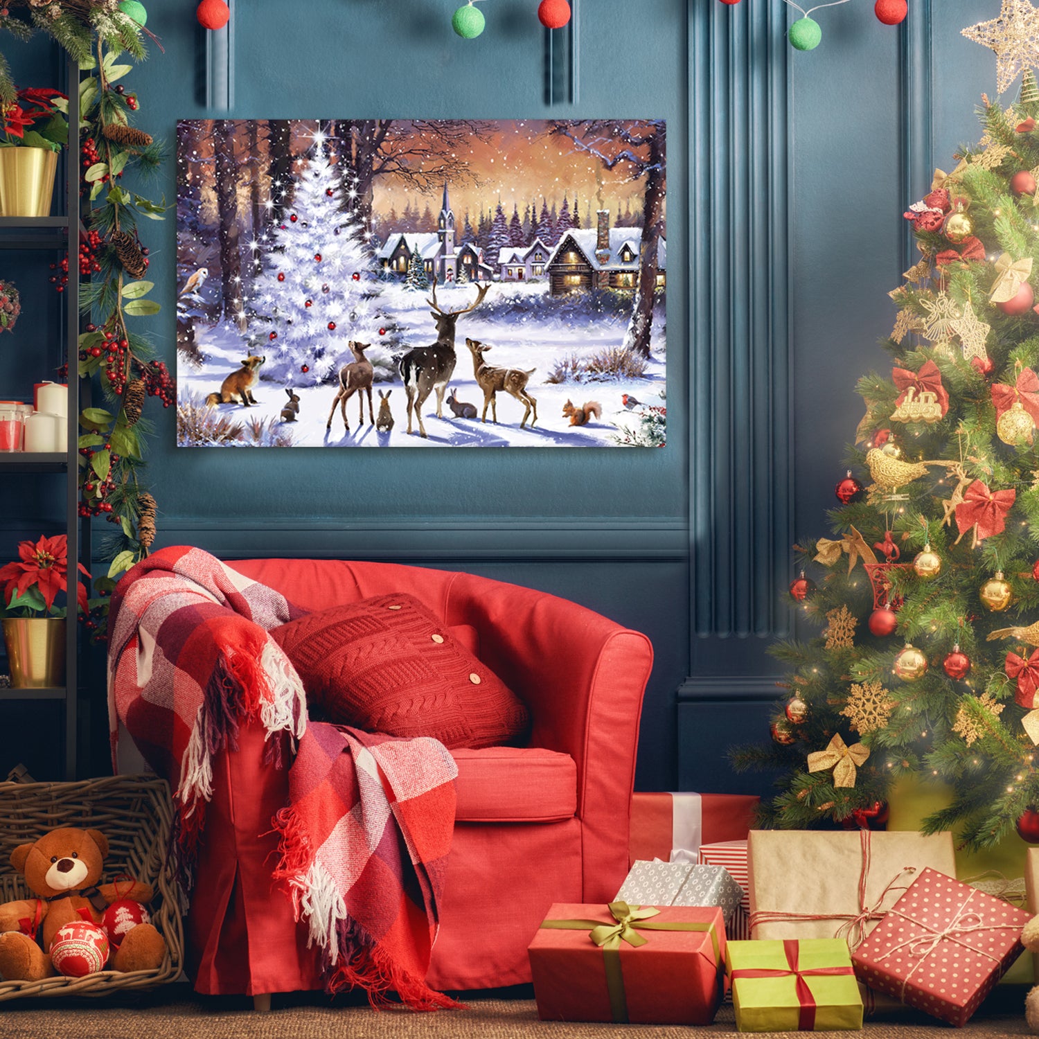 Framed Canvas Wall Art Decor Painting For Chrismas, Cute Animals With Chrismas Tree Gift Painting For Chrismas Gift, Decoration For Chrismas Eve Office Living Room, Bedroom Decor 4028In Thickness 1.5I Rectangle Framed Multicolor Christmas Oversized 41In