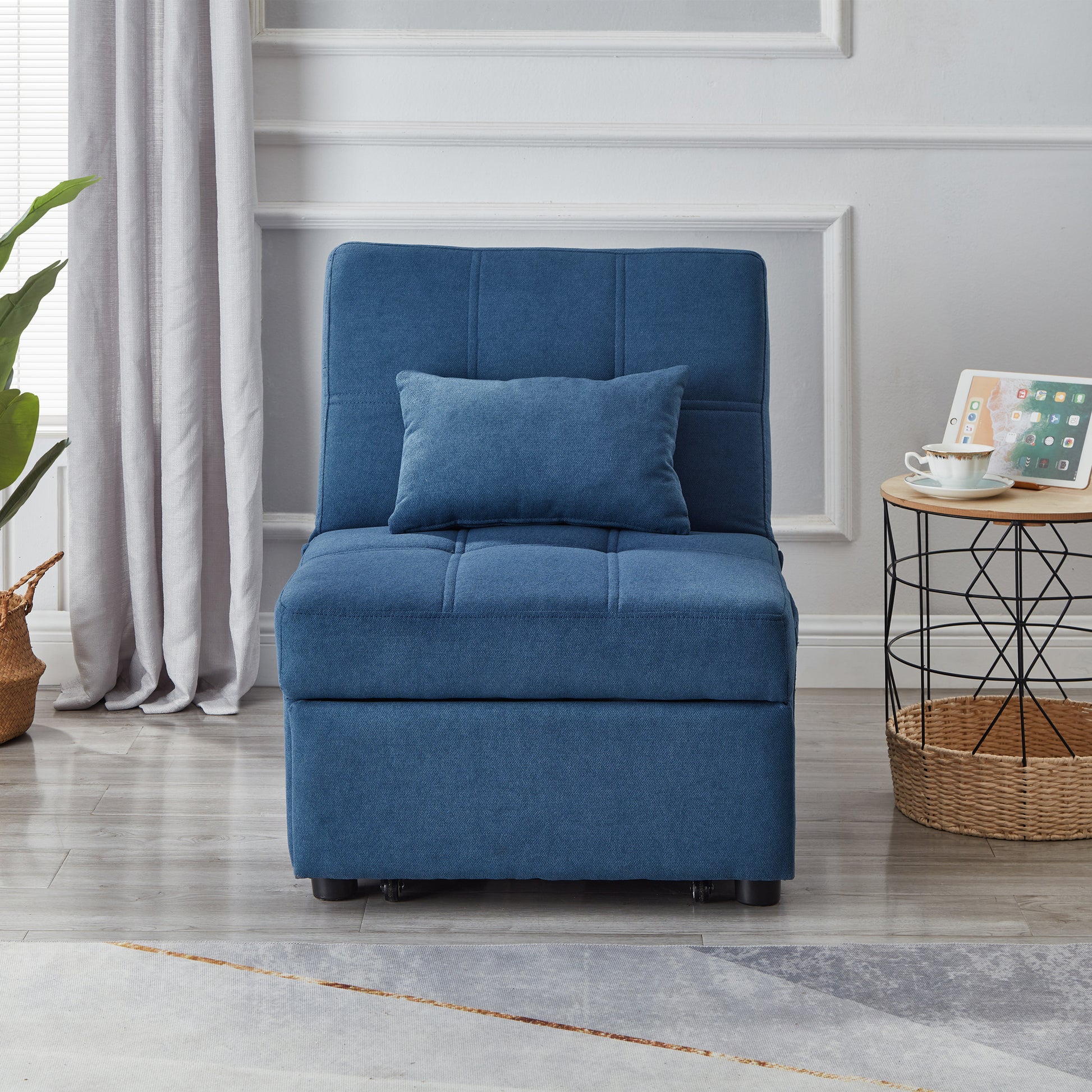 Living Room Bed Room Furniture With Blue Linen Fabric Recliner Chair Bed Blue Foam Fabric