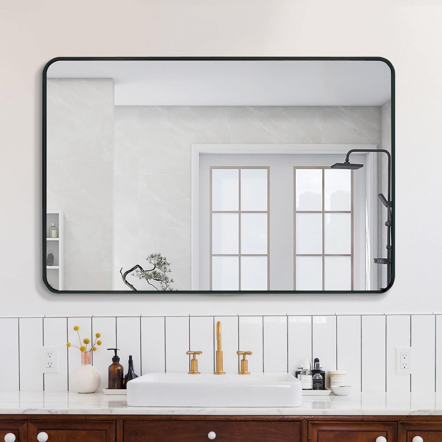Black 30 "X40" Rectangular Bathroom Wall Mirror Black Classic,Modern Mdf Glass Aluminium