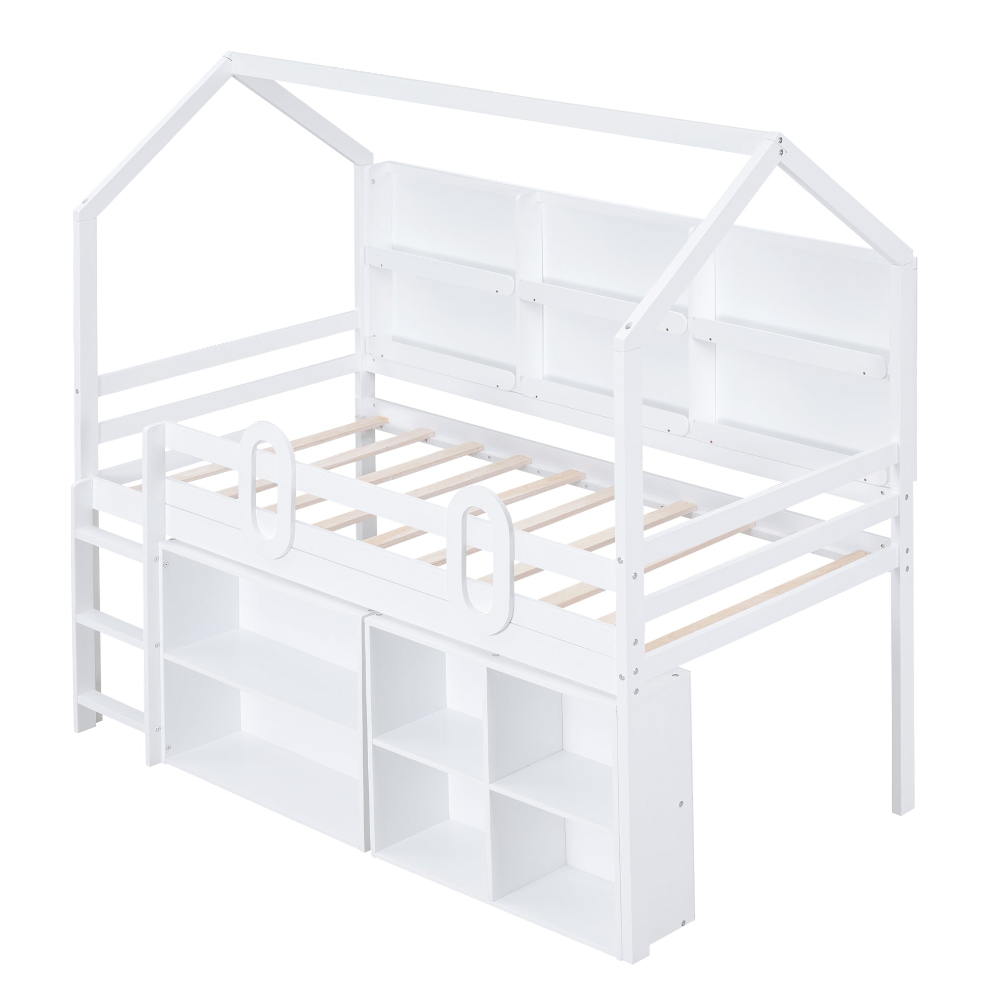 Twin Size House Loft Bed With Multiple Storage Shelves, White Box Spring Not Required White Wood Solid Wood Mdf