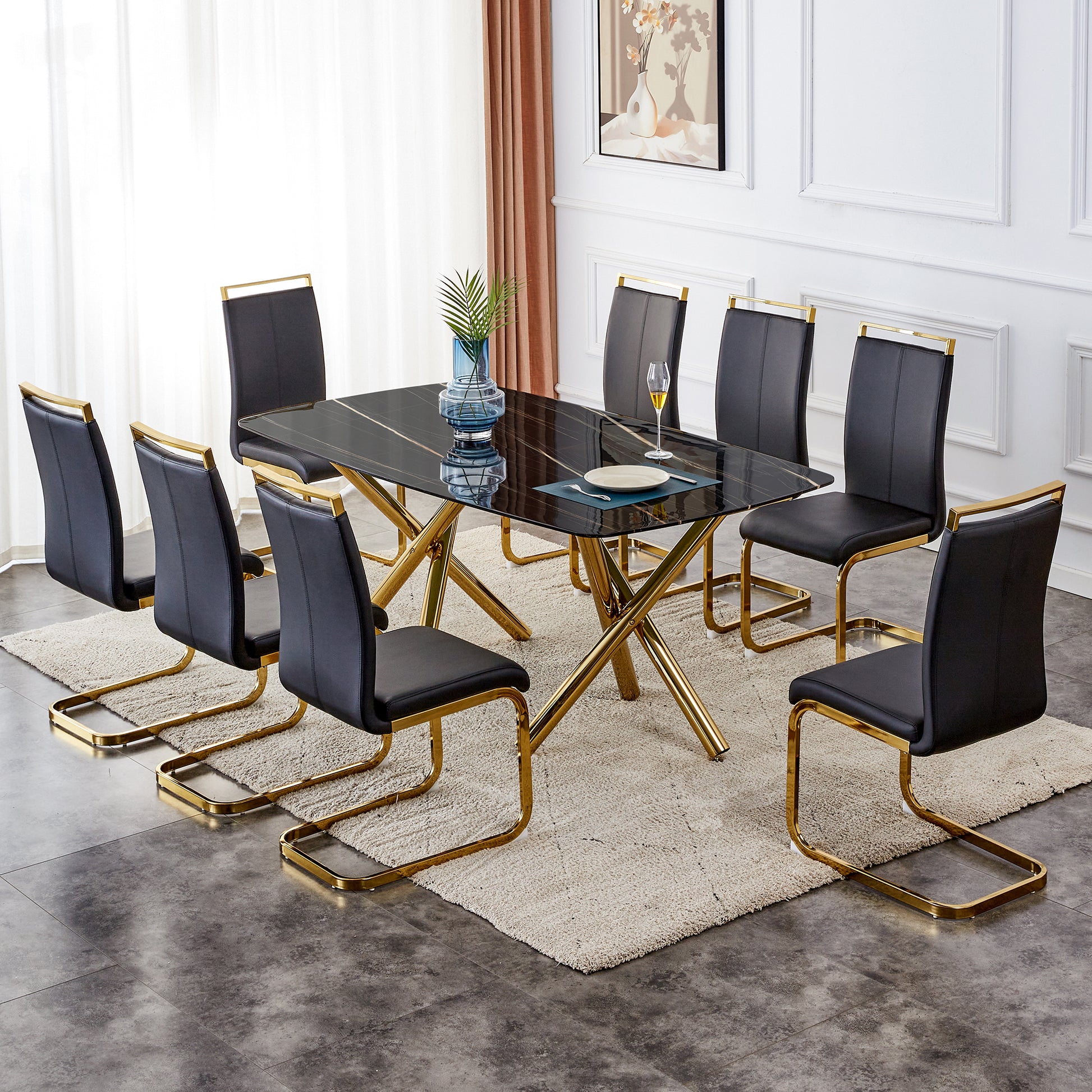 Large Modern Minimalist Rectangular Glass Dining Table 0.39" Fibertempering Glass Imitation Marble Black Desktop And Golden Metal Legs, For Kitchen Dining Living Meeting Room Banquet Hal Black Glass