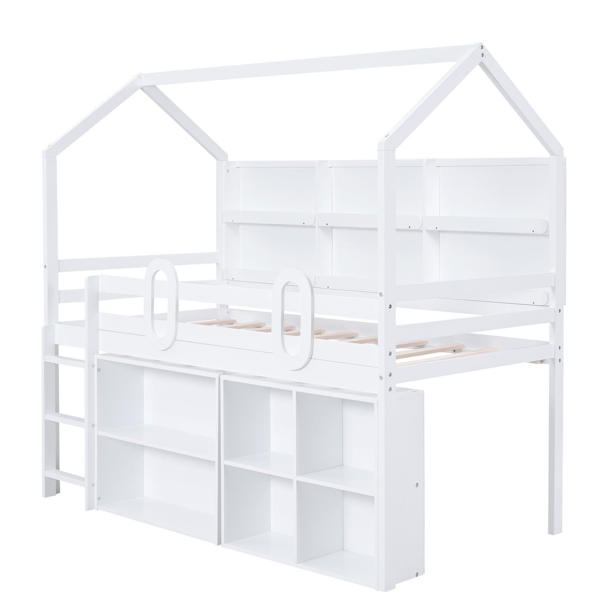 Twin Size House Loft Bed With Multiple Storage Shelves, White Box Spring Not Required White Wood Solid Wood Mdf