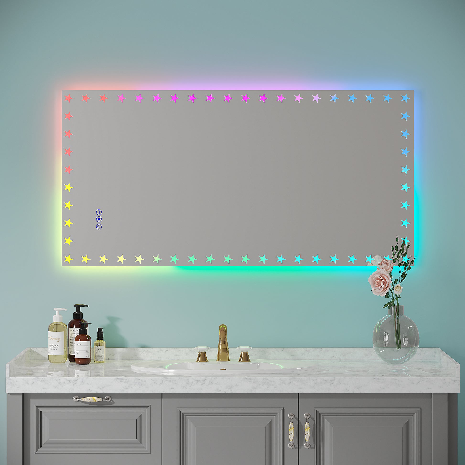 48X24 Inch Led Bathroom Mirror With Lights Backlit Rgb Color Changing Lighted Mirror For Bathroom Wall Dimmable Anti Fog Memory Rectangular Vanity Mirror Rgb Multicolor Backlit Front Lighted White Aluminium