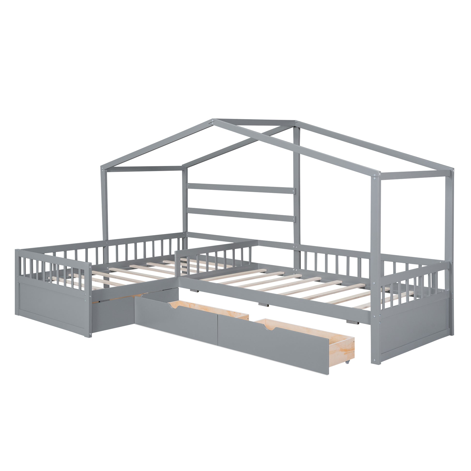 Twin Size House Platform Bed With Three Storage Drawers,Gray Box Spring Not Required Twin Gray Wood Bedroom Pine