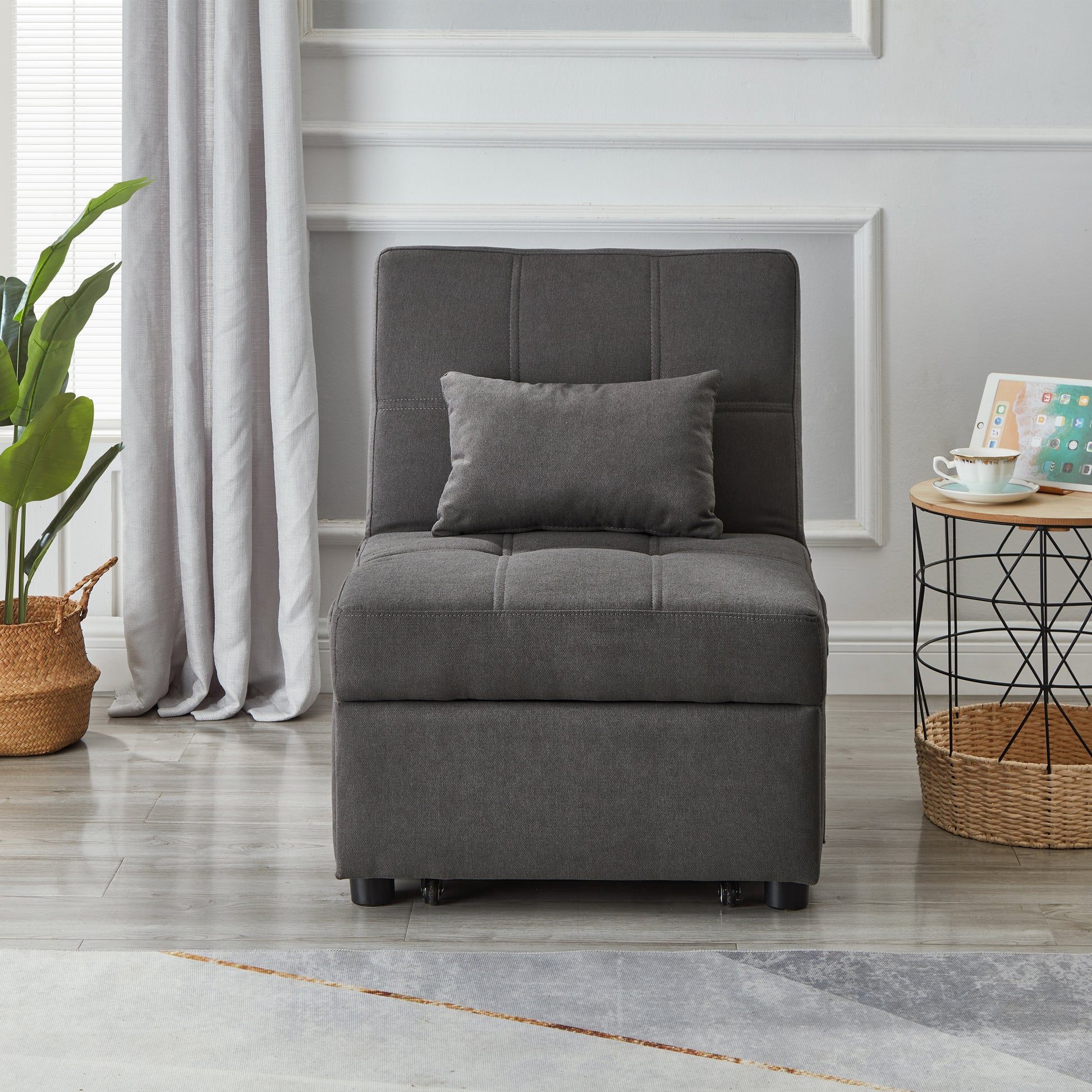 Living Room Bed Room With Grey Linen Fabric Recliner Chair Bed Grey Foam Fabric