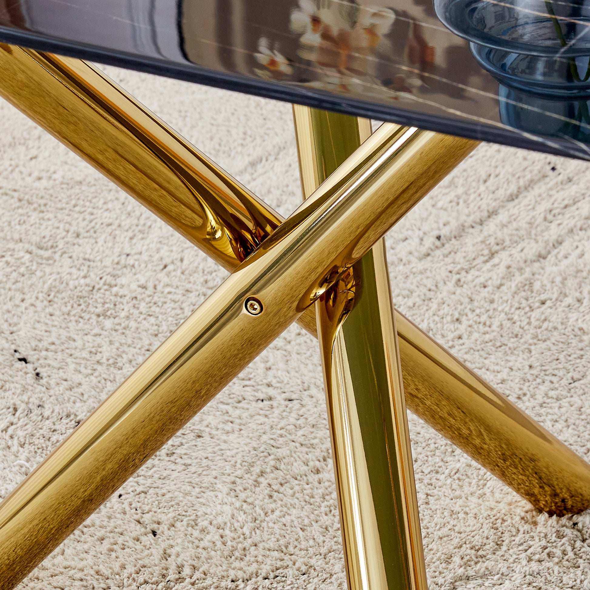 Large Modern Minimalist Rectangular Glass Dining Table 0.39" Fibertempering Glass Imitation Marble Black Desktop And Golden Metal Legs, For Kitchen Dining Living Meeting Room Banquet Hal Black Glass