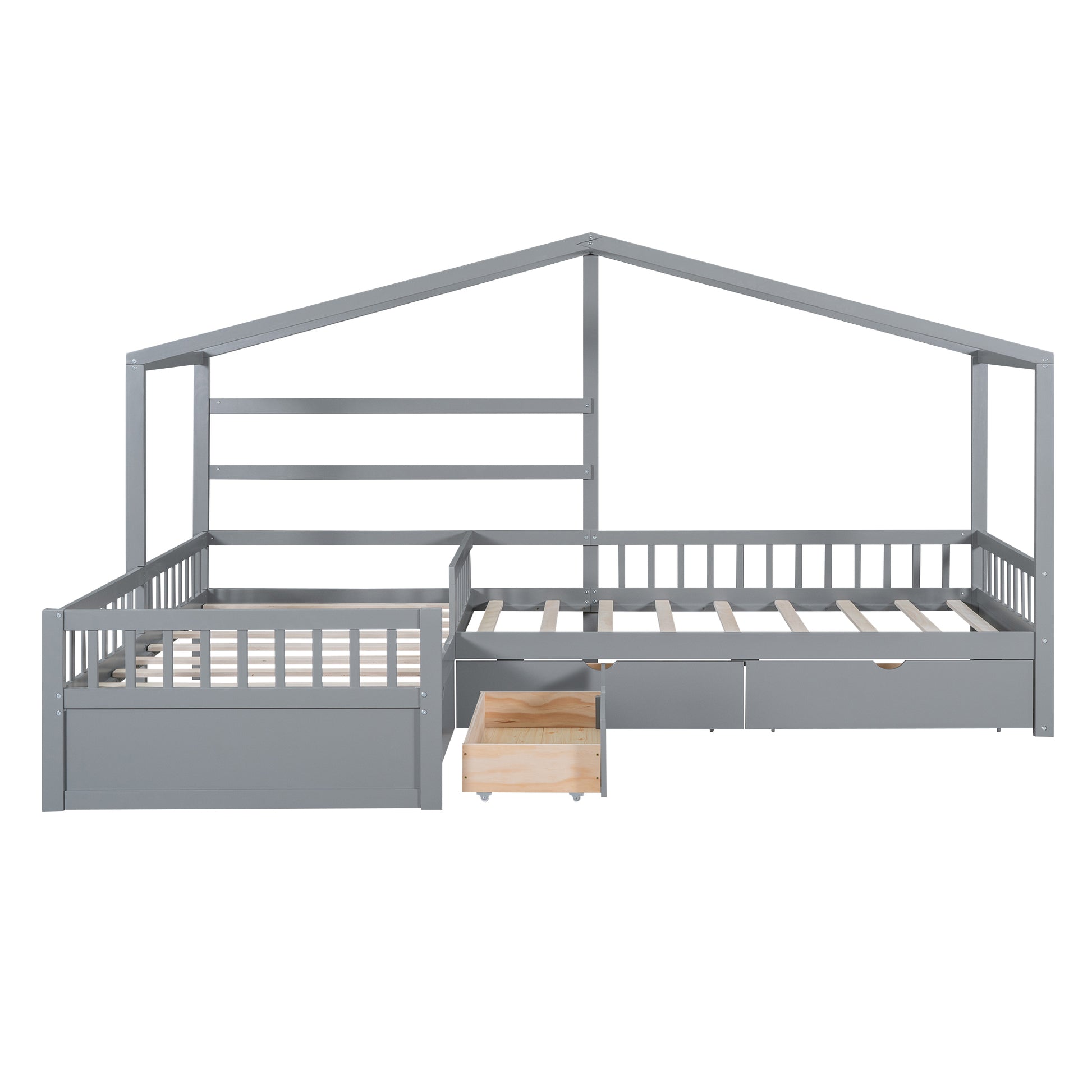 Twin Size House Platform Bed With Three Storage Drawers,Gray Box Spring Not Required Twin Gray Wood Bedroom Pine