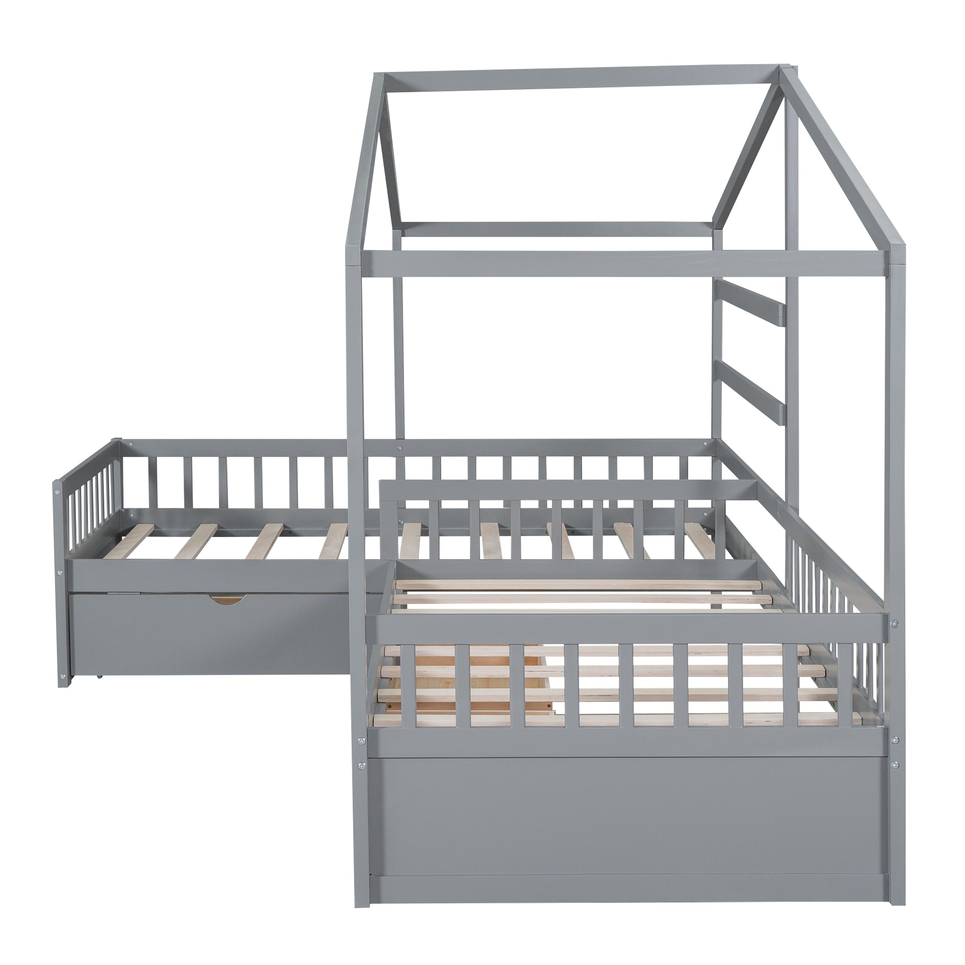 Twin Size House Platform Bed With Three Storage Drawers,Gray Box Spring Not Required Twin Gray Wood Bedroom Pine
