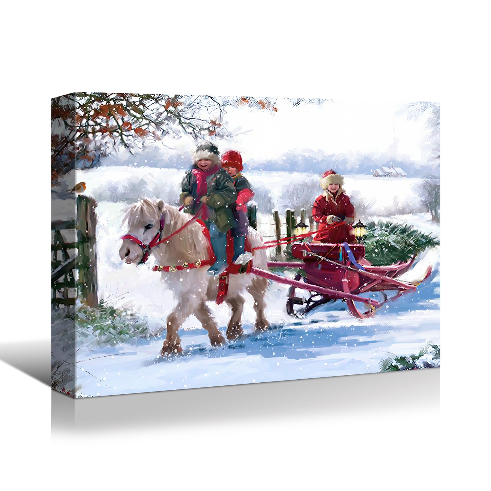 Framed Canvas Wall Art Decor Painting For Chrismas, White Horse With Sledge Chrismas Gift Painting For Chrismas Gift, Decoration For Chrismas Eve Office Living Room, Bedroom Decor Ready To Hang Rectangle Framed Multicolor Christmas Oversized 41In Canvas