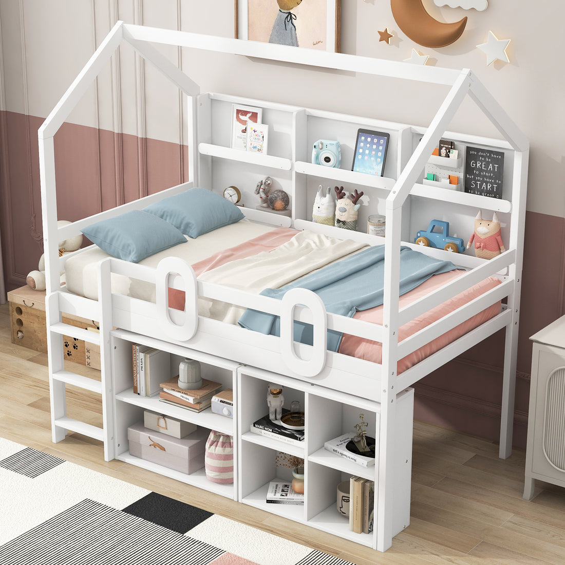 Twin Size House Loft Bed With Multiple Storage Shelves, White Box Spring Not Required White Wood Solid Wood Mdf