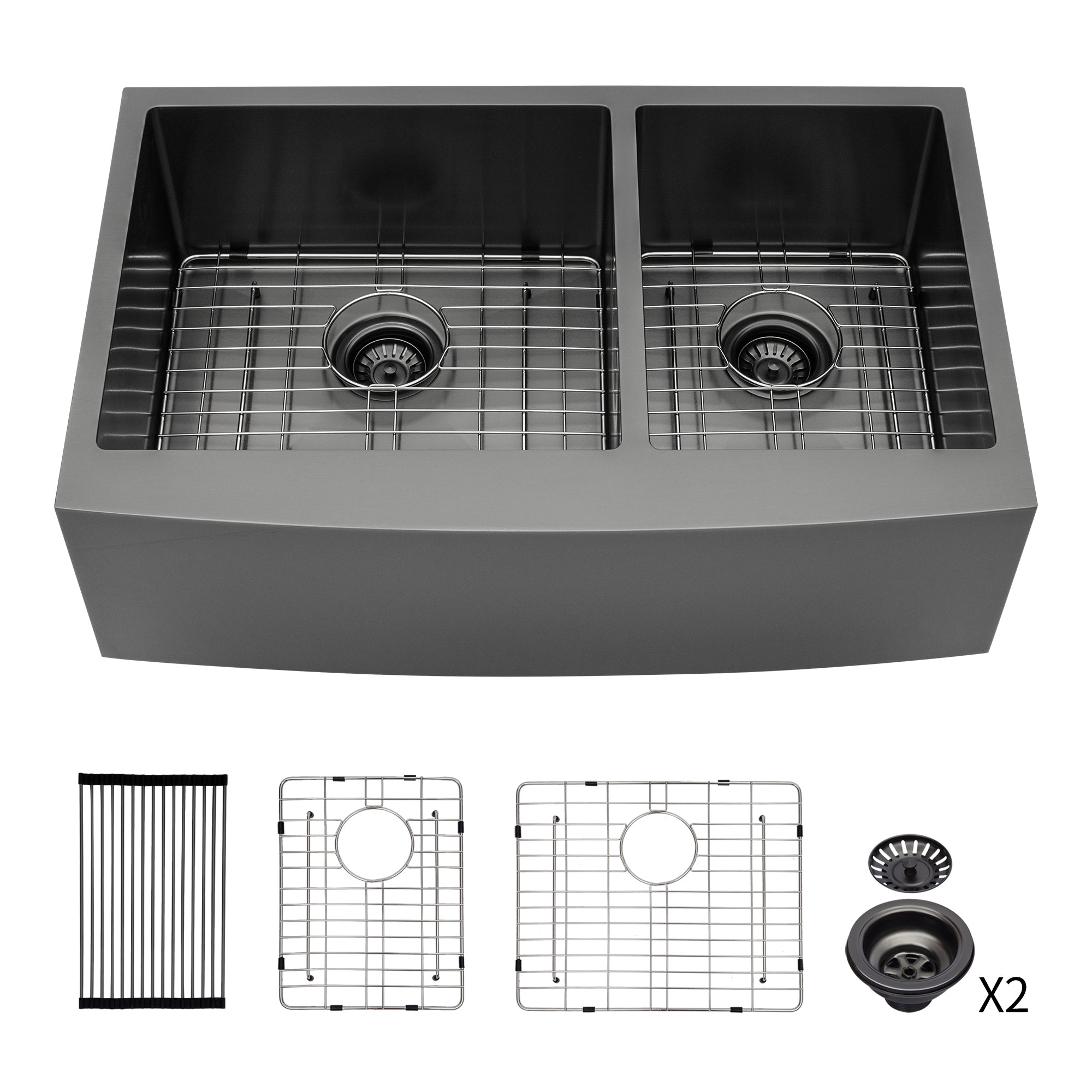 Gunmetal Black Double Bowl 60 40 Farmhouse Sink 33"X21"X10"Stainless Steel Apron Front Kitchen Sink 16 Gauge With Two 10" Deep Basin Gunmetal Black Stainless Steel