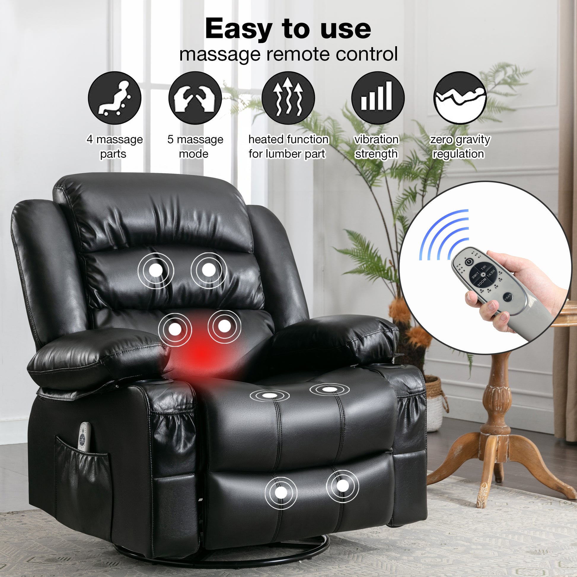 Massage Swivel Rocker Recliner Chair With Vibration Massage And Heat Ergonomic Lounge Chair For Living Room With Rocking Function And Side Pocket2 Cup Holders Usb Charge Port ,Black. Black Primary Living Space Soft Heavy Duty Cotton Pu Leather