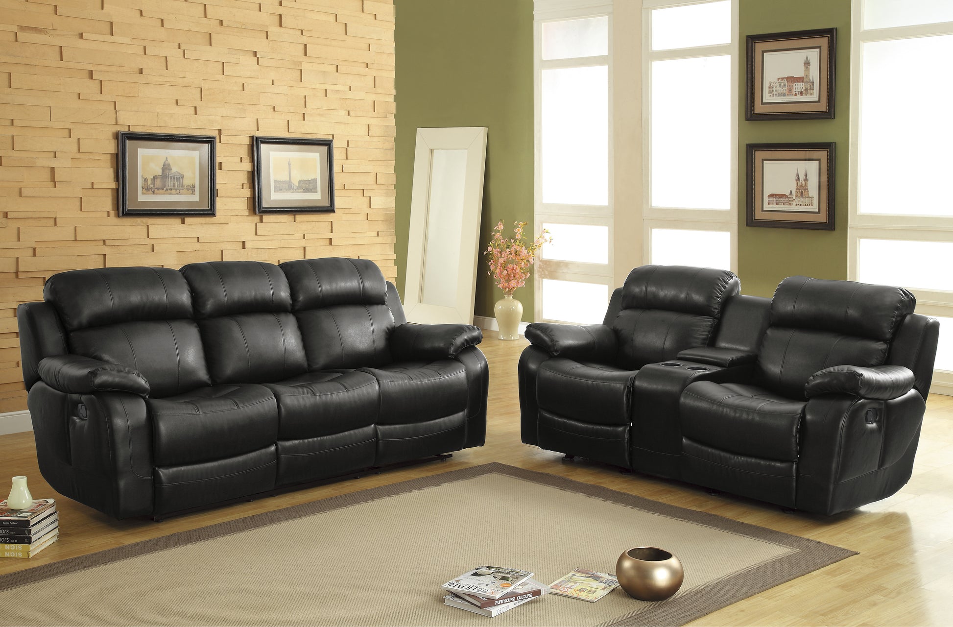 Contemporary Black Faux Leather Upholstered 1Pc Double Reclining Sofa W Center Drop Down Cup Holder Living Room Furniture Black Faux Leather Wood Primary Living Space Pillow Top Arms Solid Wood 3