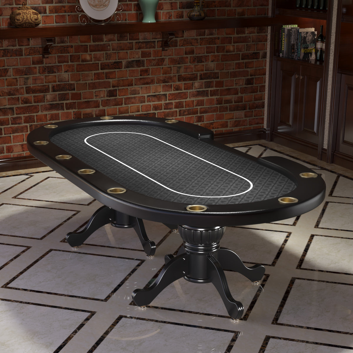 96" Oval Black Aura 10 Players Texas Holdem Casino Board Game Bet Line Felt Surface Poker Table Black Wood