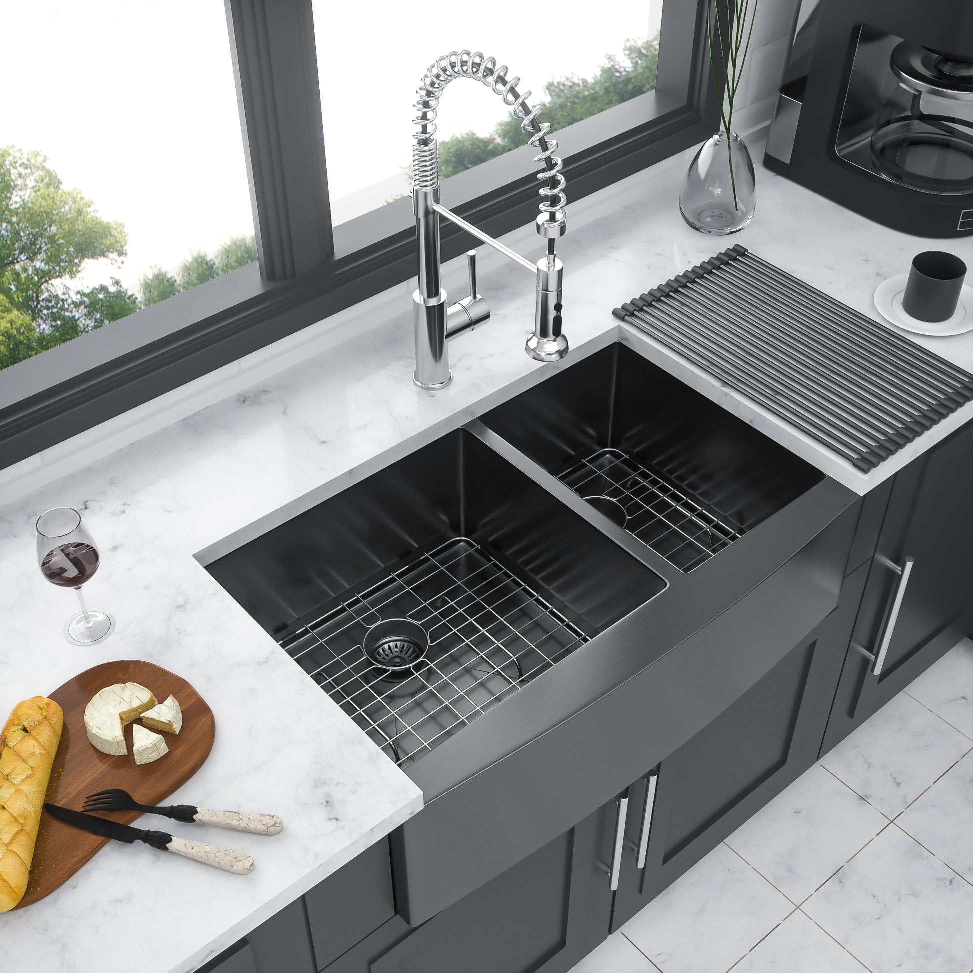 Gunmetal Black Double Bowl 60 40 Farmhouse Sink 36"X21"X10"Stainless Steel Apron Front Kitchen Sink 16 Gauge With Two 10" Deep Basin Gunmetal Black Stainless Steel