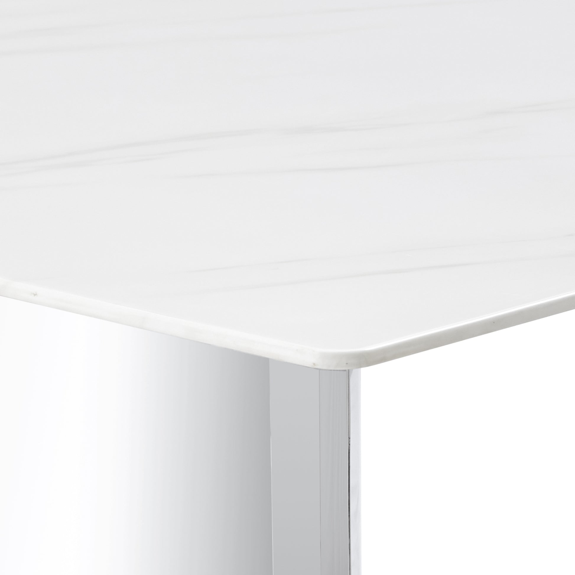 Modern Minimalist Dining Table. The White Imitation Marble Glass Desktop Is Equipped With Silver Metal Legs. Suitable For Restaurants And Living Rooms 71" *39.3" *29.5" Dt 69 White Glass
