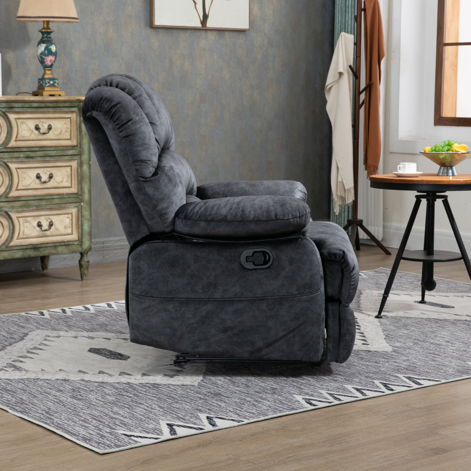 Large Manual Recliner Chair In Fabric For Living Room, Gray Dark Gray Velvet Manual Handle Metal Primary Living Space Medium Firm Cushion Back Heavy Duty American Design Pine Pillow Top Arms Fiber Foam And Polyester Fiber Pad Fabric