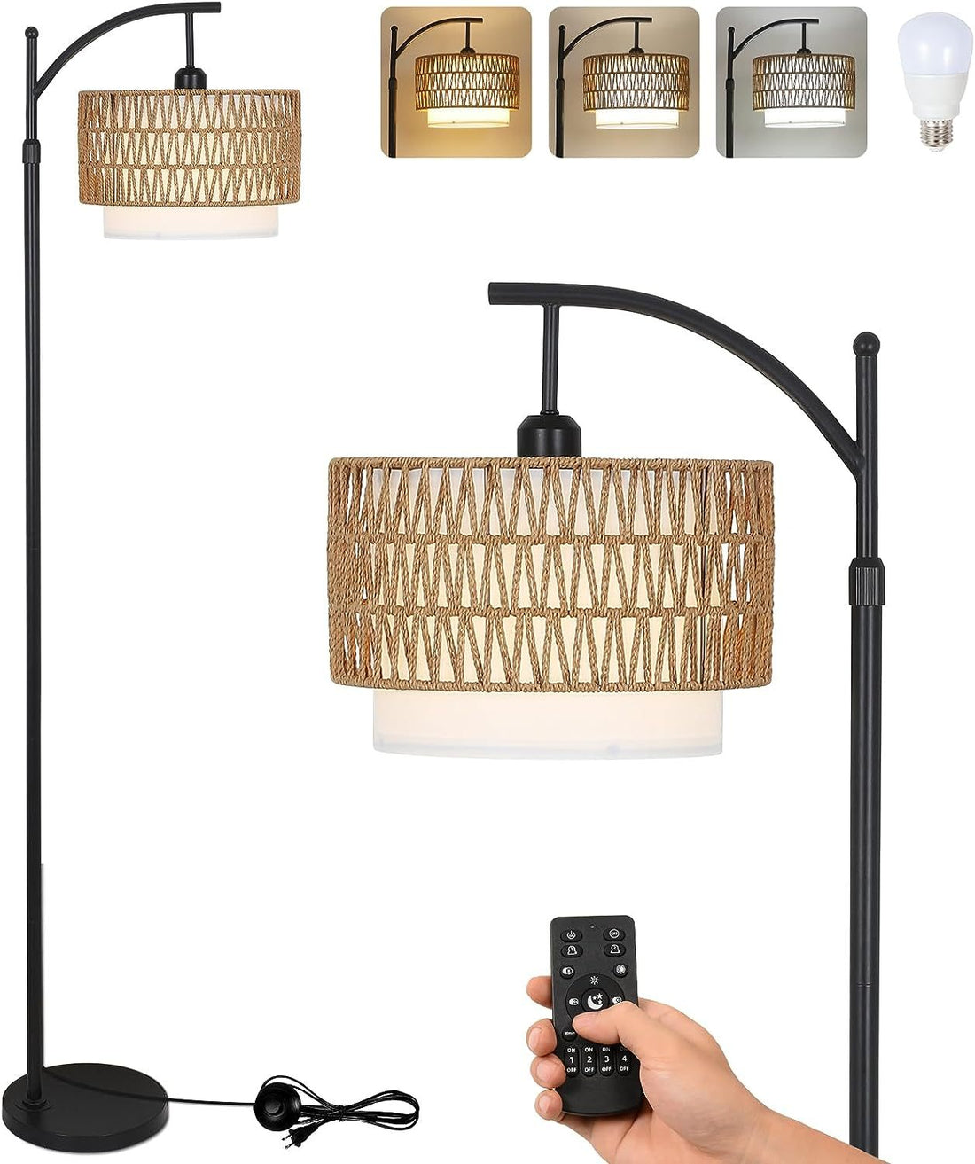 Arc Floor Lamp For Living Room With 3 Color Temperatures Brown Table&Floor Lamps Rattan