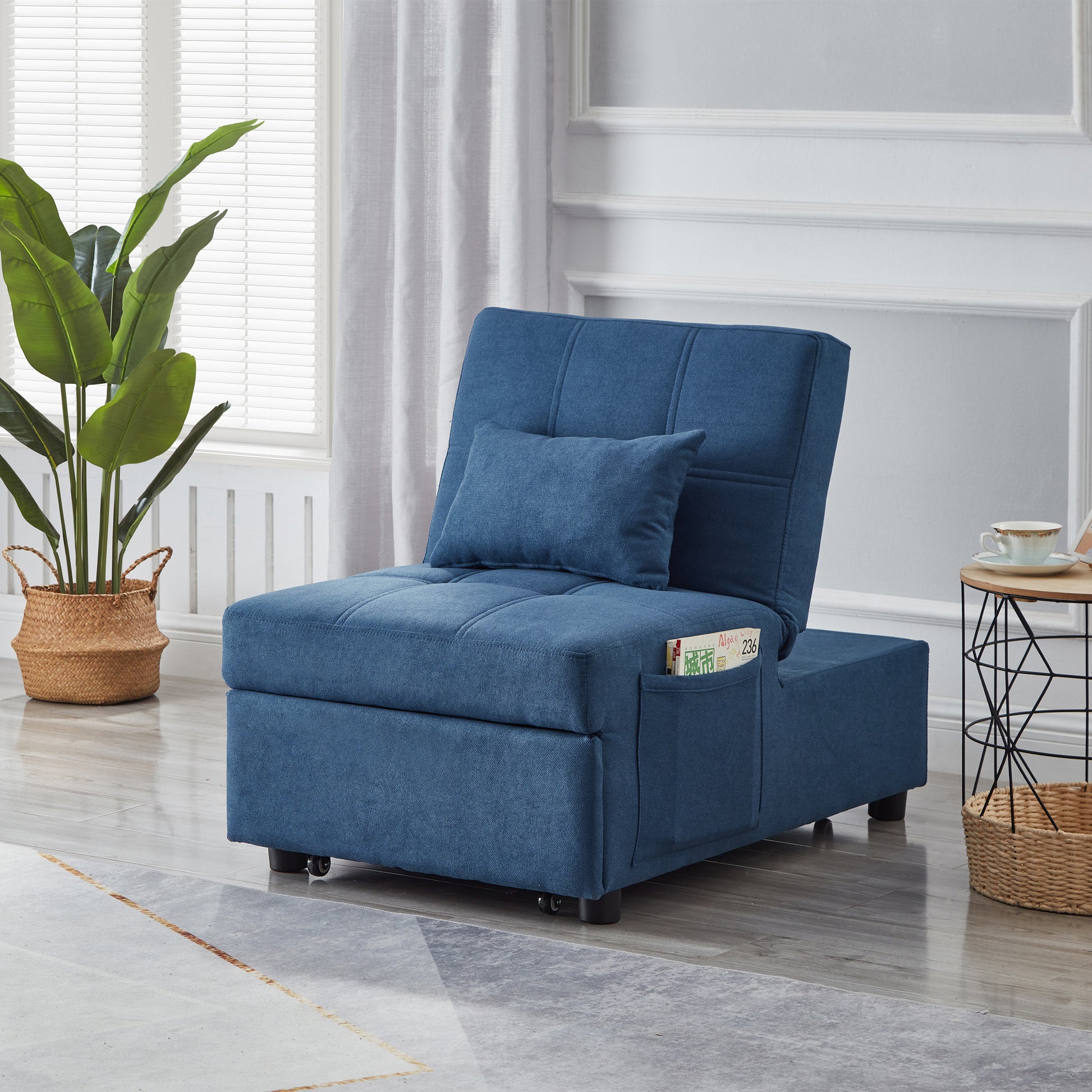 Living Room Bed Room Furniture With Blue Linen Fabric Recliner Chair Bed Blue Foam Fabric