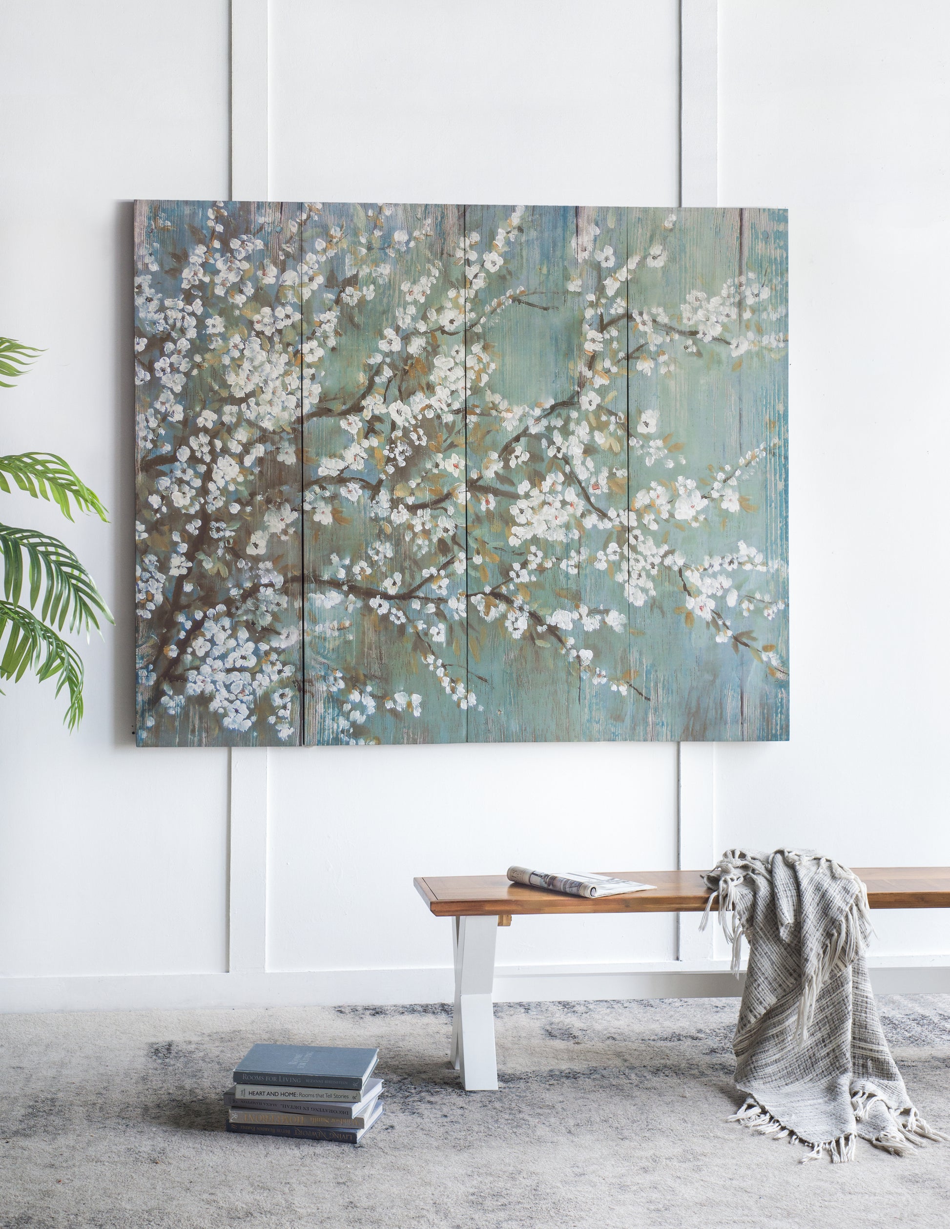 18.5" X 59" Saison White Cherry Blossom Canvas Print, Wall Decor For Living Room Bedrrom Entryway Office, Set Of 4 Multicolor Mdf