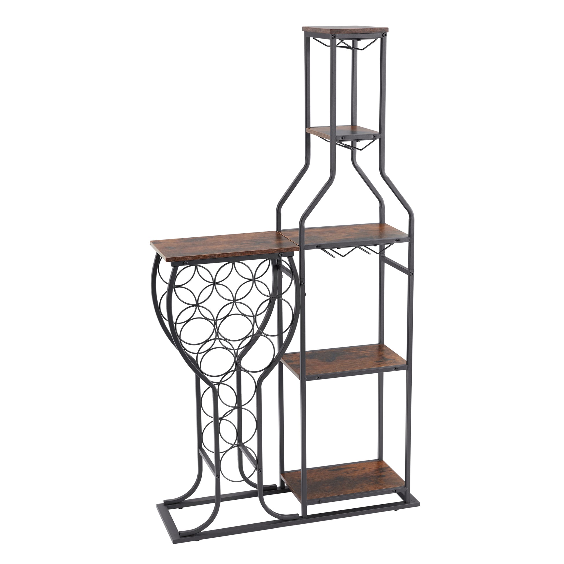 11 Bottle Wine Bakers Rack, 5 Tier Freestanding Wine Rack With Hanging Wine Glass Holder And Storage Shelves, Wine Storage Home Bar For Liquor And Wine Storagefor Kitchen, Dining Room Antique Brown Metal & Wood Metal & Wood